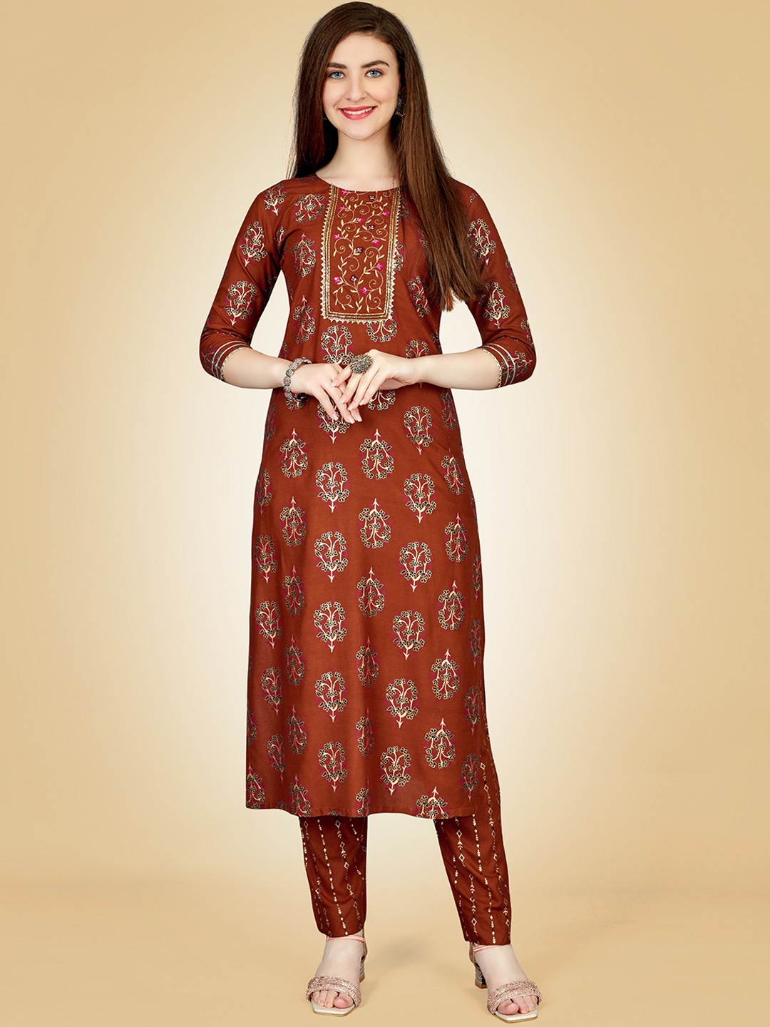 

devkison Designer Women Floral Embroidered Regular Kurta with Churidar, Rust