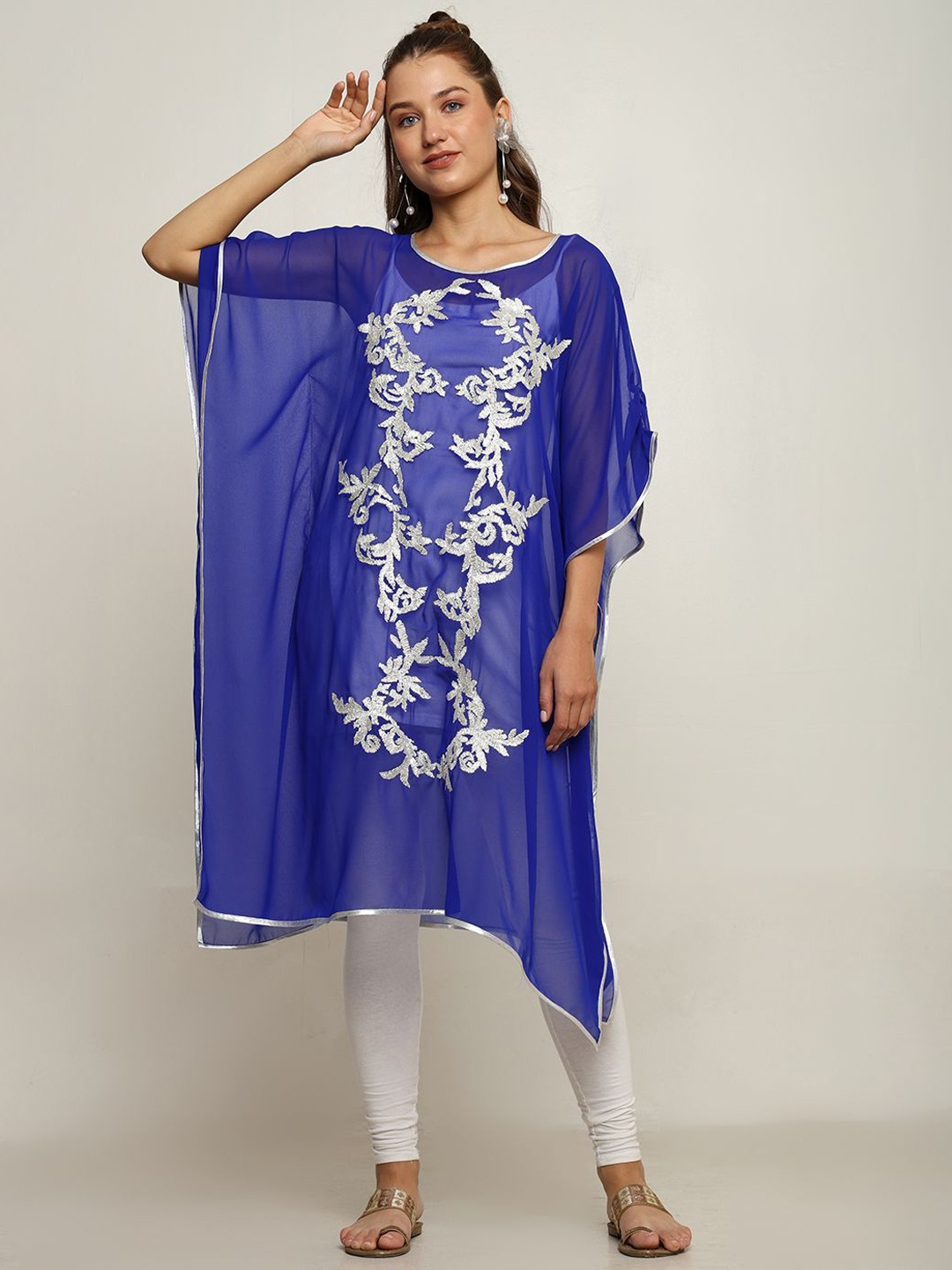 

CRAFTBAZAR Bling Collection Abstract Embellished Thread Work Georgette Kaftan Kurta, Navy blue