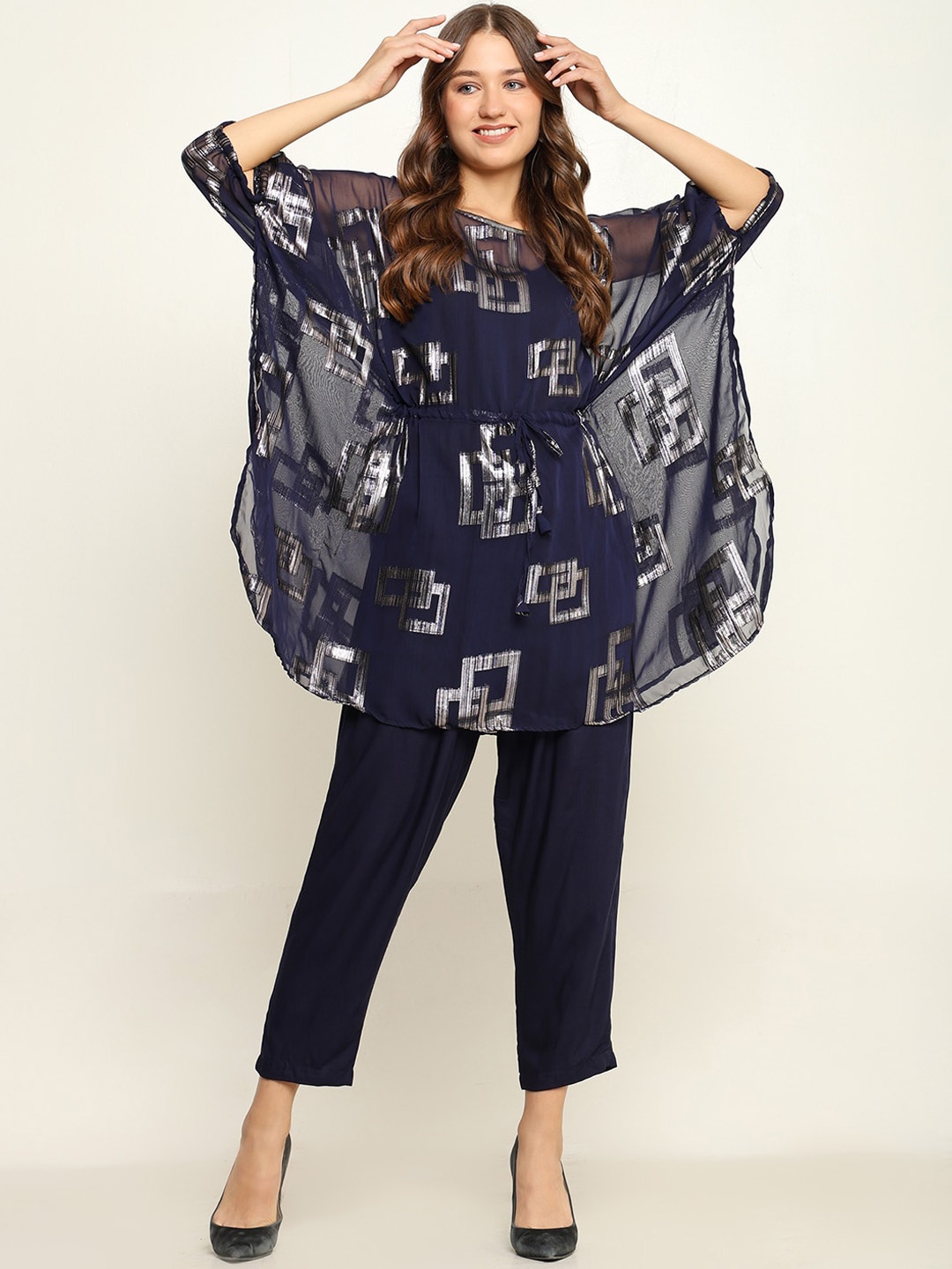 

CRAFTBAZAR Women Printed Kaftan Kurta, Navy blue