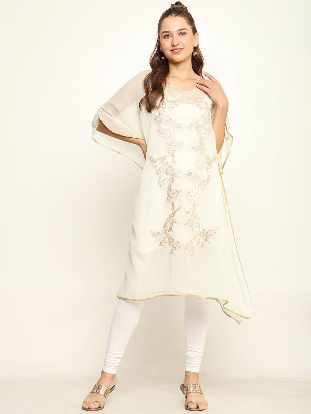 

CRAFTBAZAR Bling Collection Abstract Embellished Thread Work Georgette Kaftan Kurta, Off white