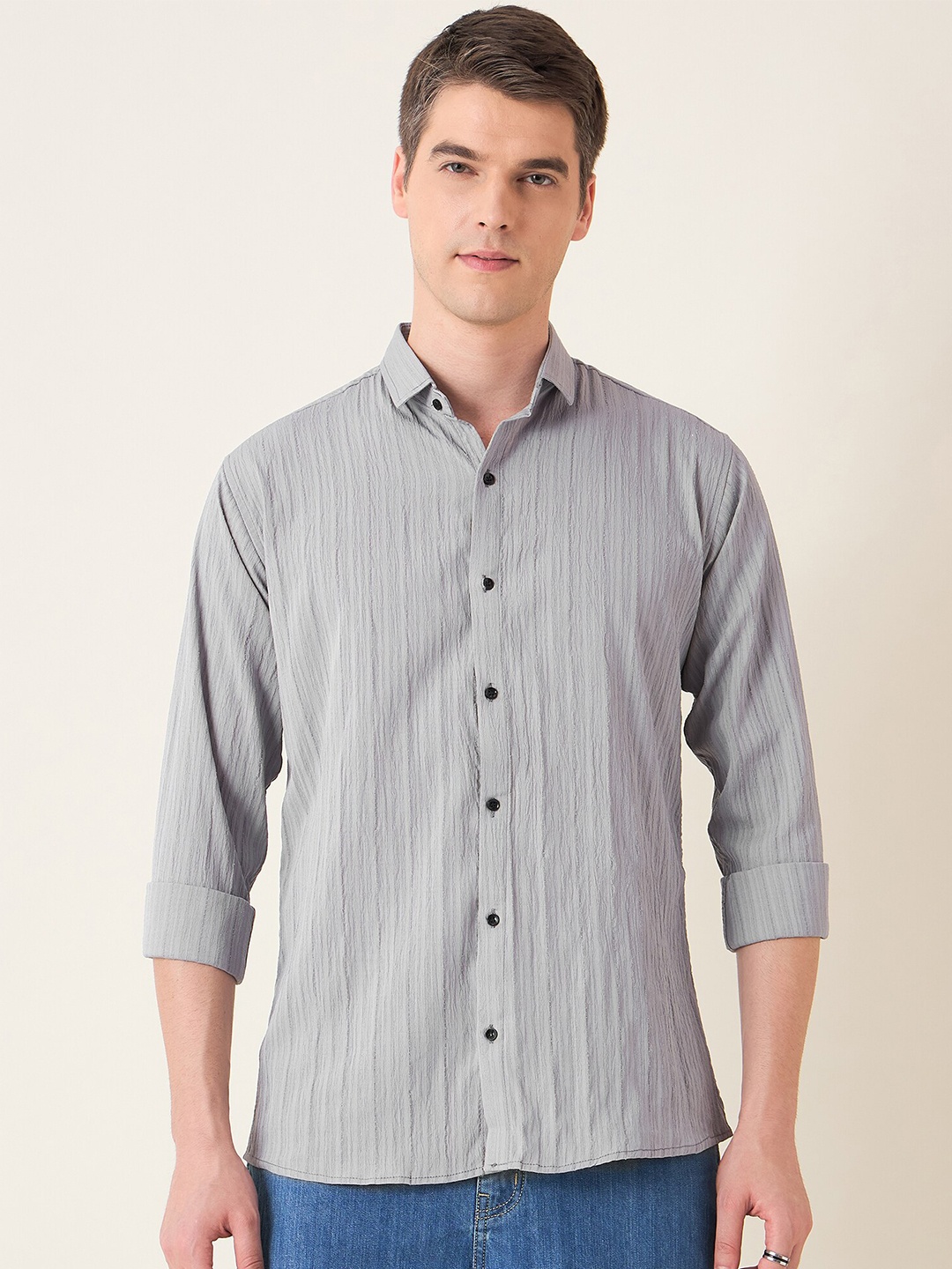 

Mast & Harbour Men Textured Cotton Casual Shirt, Grey