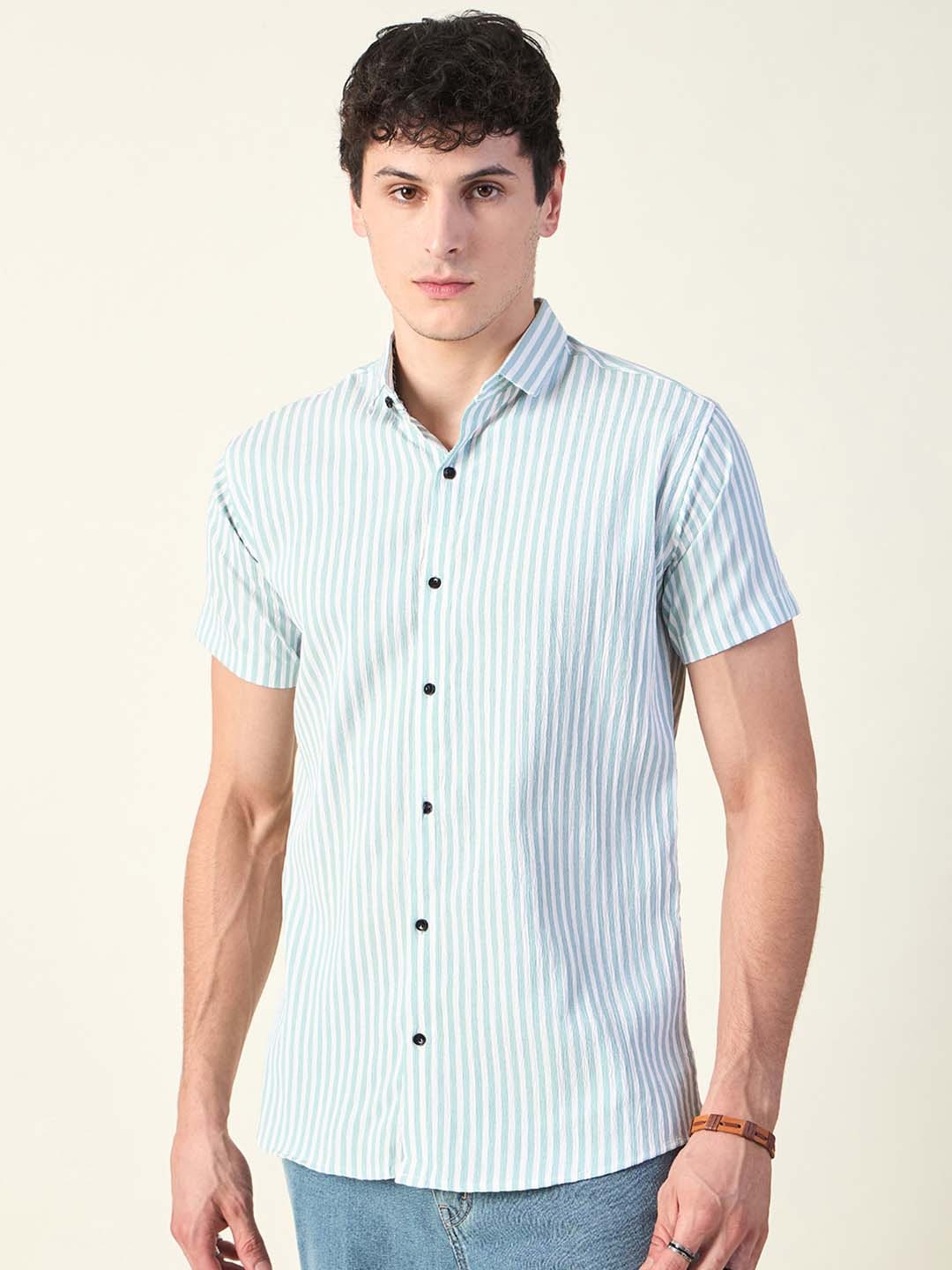 

Mast & Harbour Men Classic Cotton Vertical Stripes Regular Fit Casual Shirt, Blue