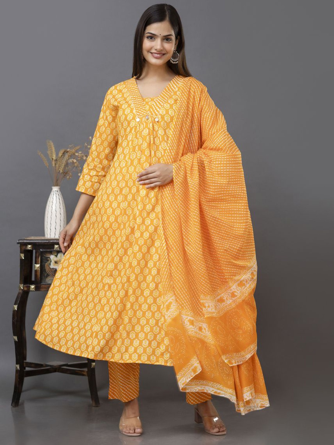

D K W Floral Printed Sequinned Pure Cotton Anarkali Kurta With Trouser & Dupatta, Yellow
