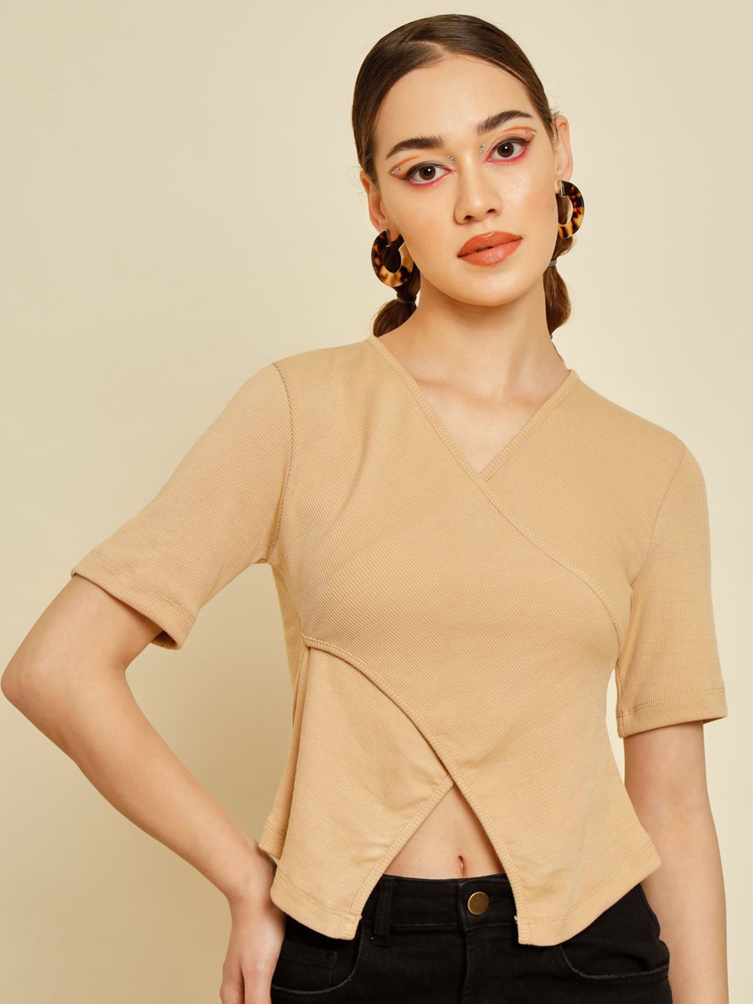 

TANDUL V-Neck Cut Out Wrap Crop Top, Beige