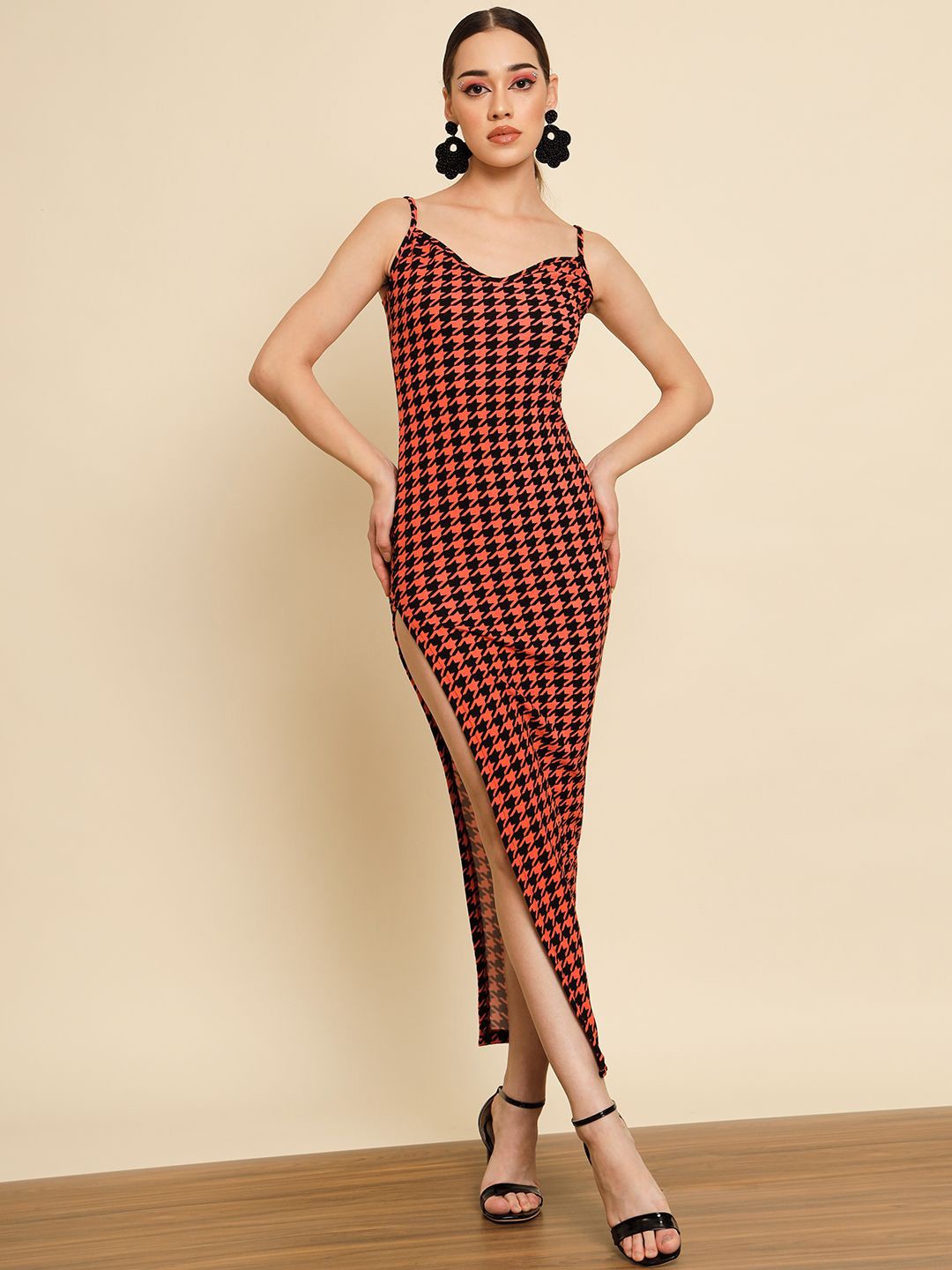 

TANDUL Shoulder Straps Side Slitted Bodycon Dress, Orange