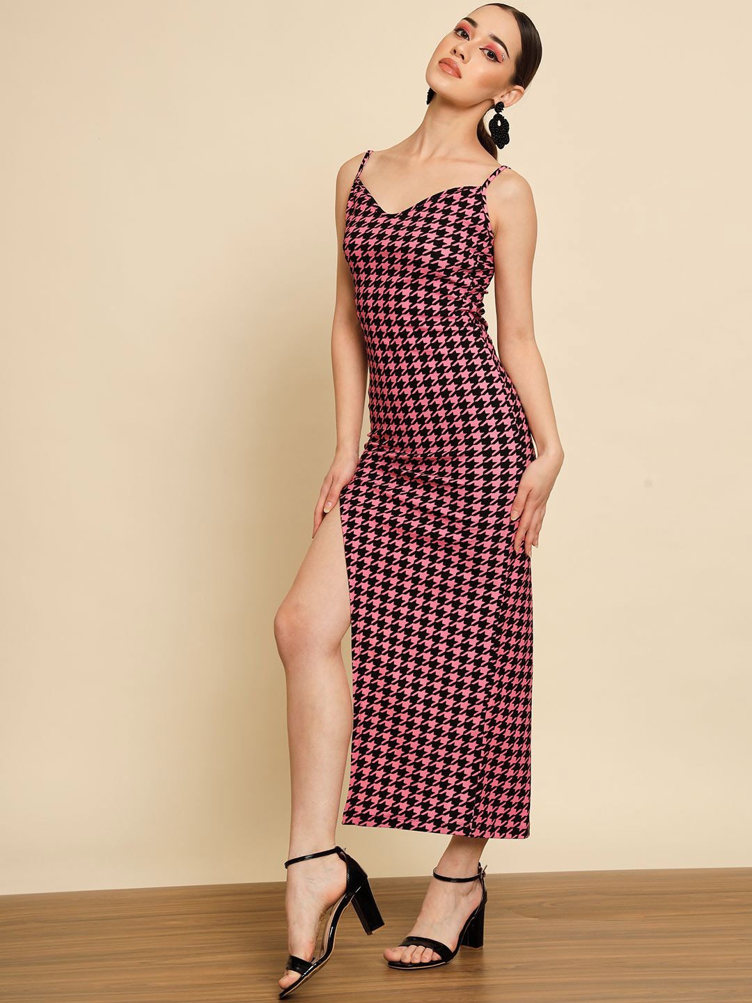 

TANDUL Shoulder Straps Side Slitted Bodycon Dress, Pink
