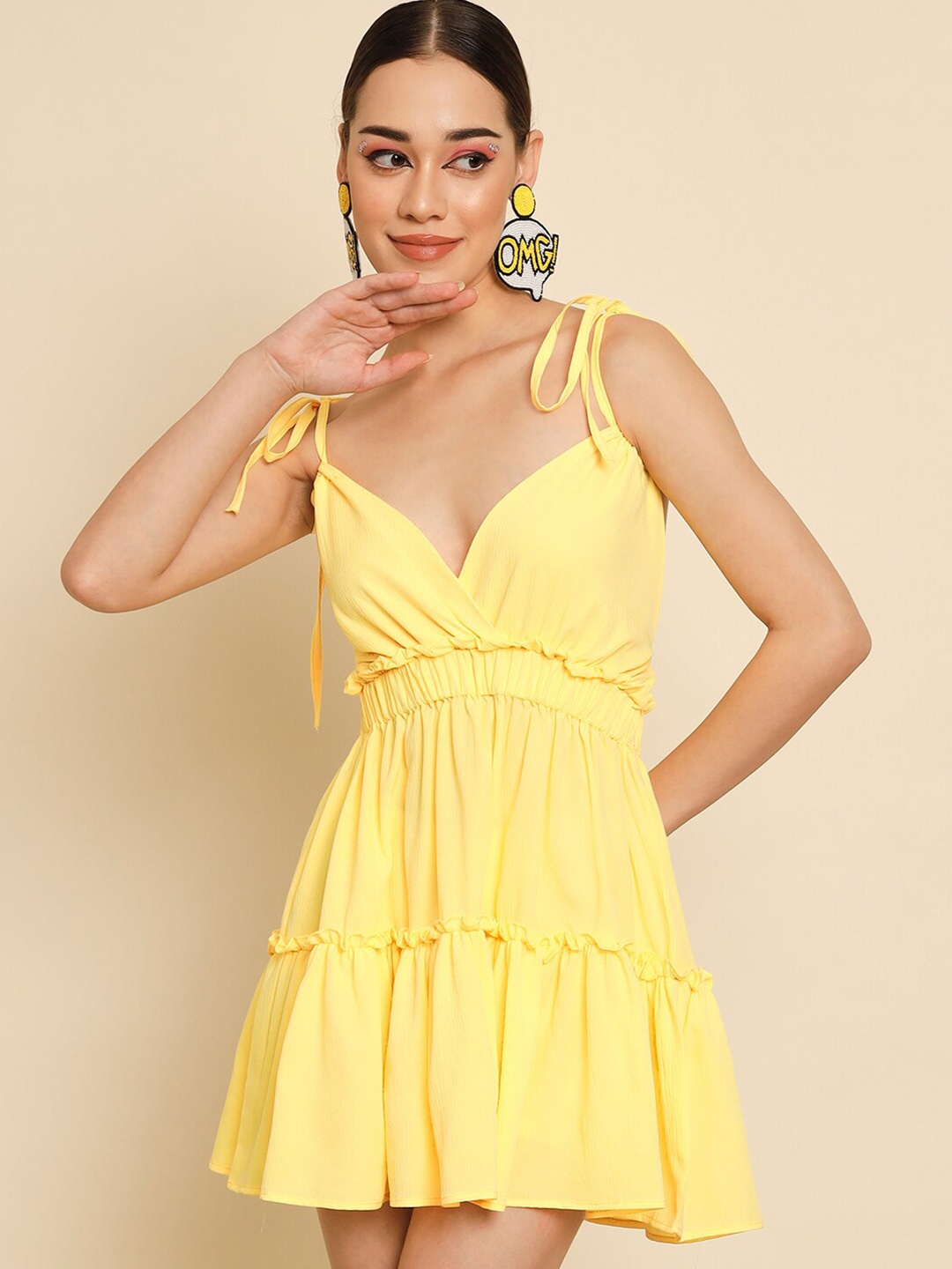 

TANDUL Tied Shoulder Layered Fit & Flare Mini Dress, Yellow