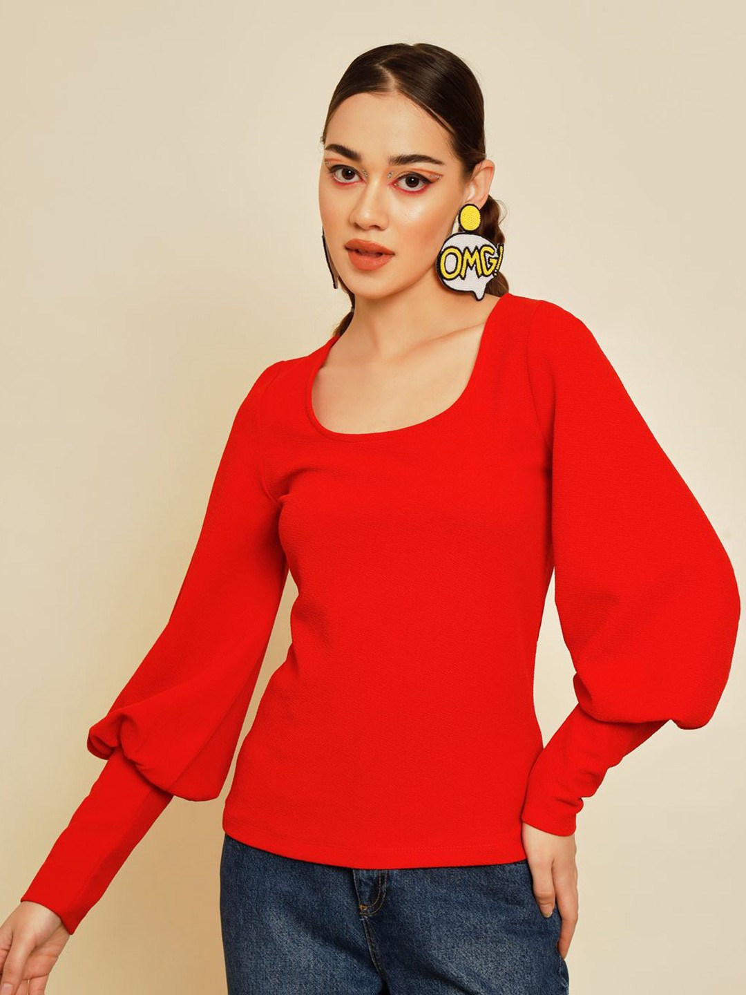 

TANDUL Solid Batwing Sleeves Scoop Neck Top, Red