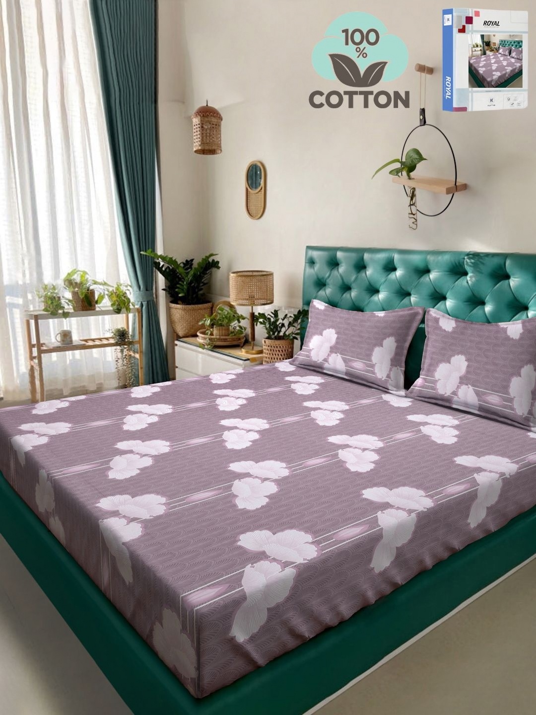 

KLOTTHE Purple Floral Printed 400TC Pure Cotton Double King Bedsheet & 2 Pillow Covers