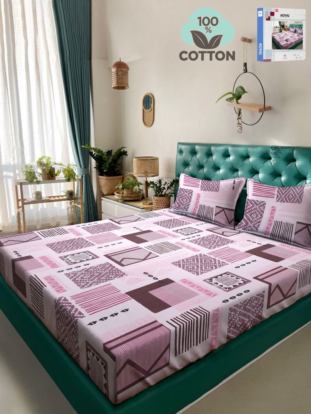 

KLOTTHE Purple Geometric Printed 400TC Pure Cotton Double King Bedsheet & 2 Pillow Covers