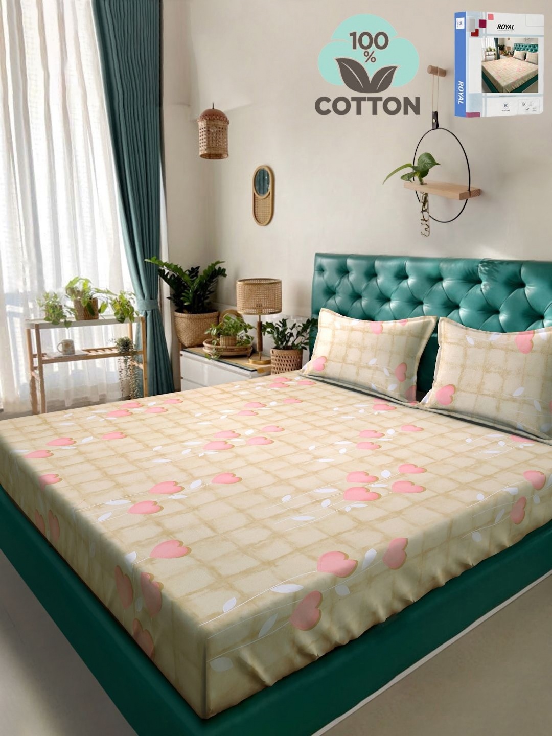 

KLOTTHE Beige Floral Printed 400TC Pure Cotton Double King Bedsheet & 2 Pillow Covers, Pink