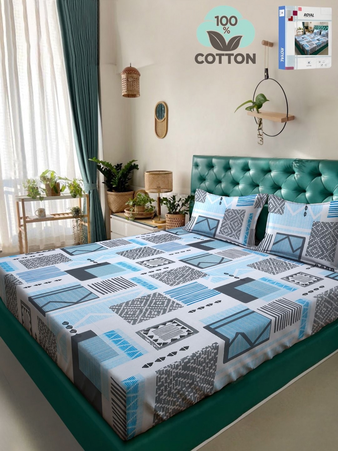 

KLOTTHE Blue Geometric Printed 400TC Pure Cotton Double King Bedsheet & 2 Pillow Covers