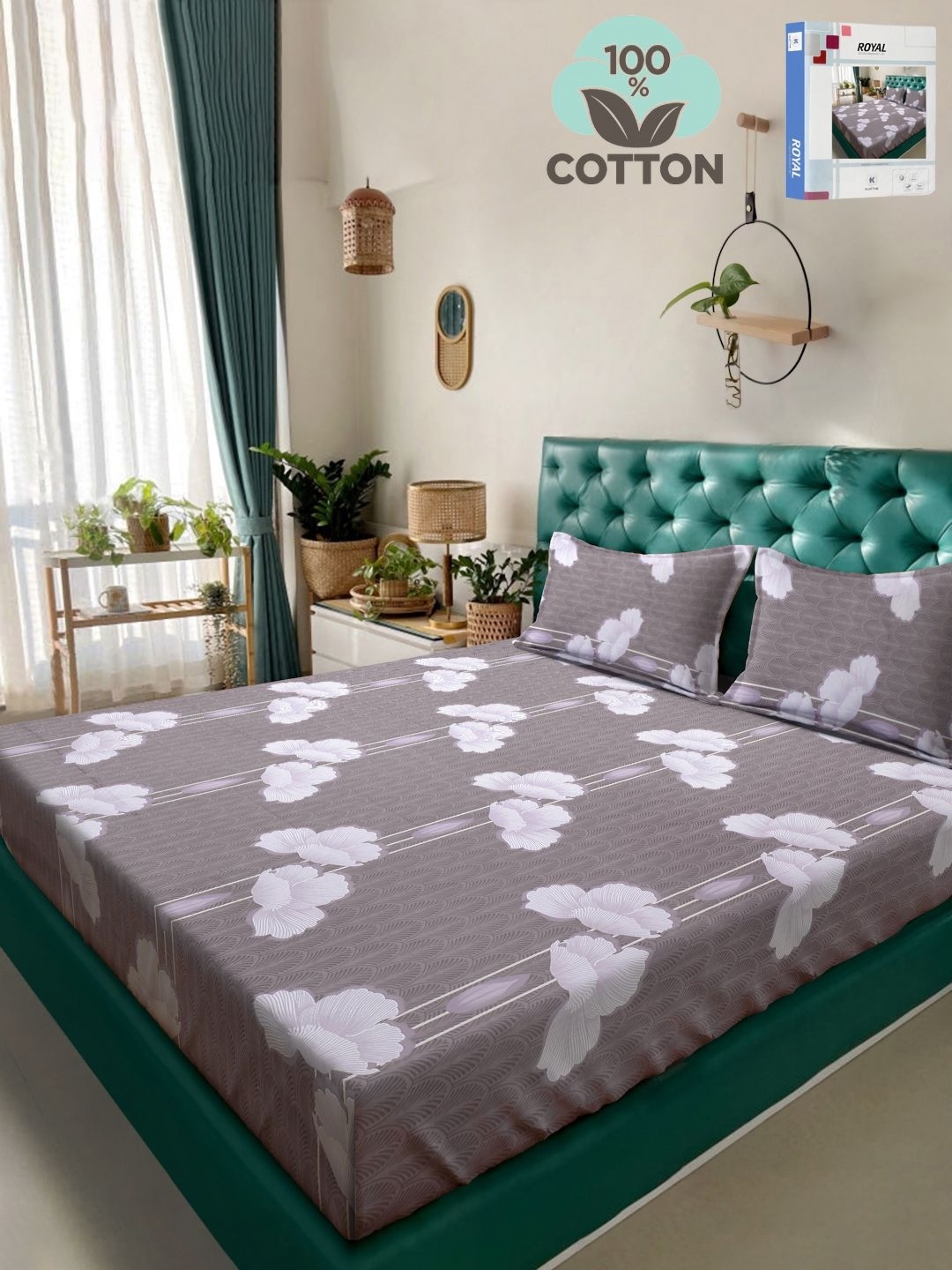 

KLOTTHE Brown Floral Printed 400TC Pure Cotton Double King Bedsheet & 2 Pillow Covers