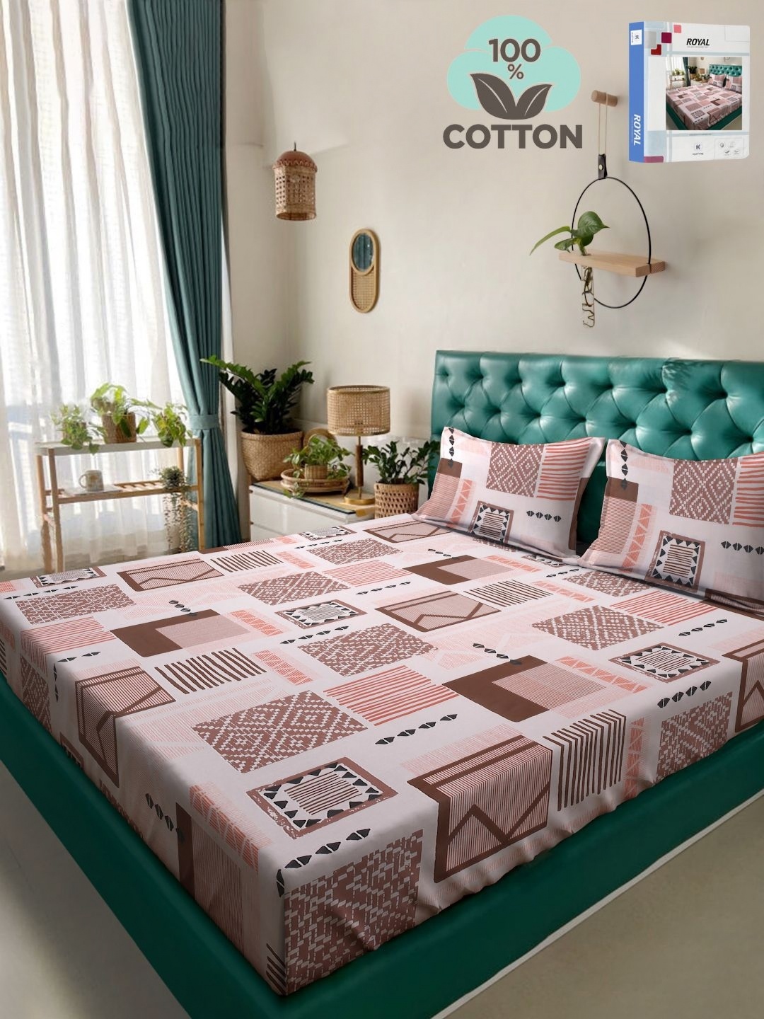 

KLOTTHE Orange Geometric Printed 400TC Pure Cotton Double King Bedsheet & 2 Pillow Covers