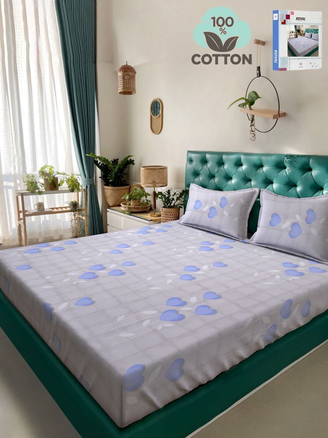 

KLOTTHE Grey Floral Printed 400TC Pure Cotton Double King Bedsheet & 2 Pillow Covers, Blue