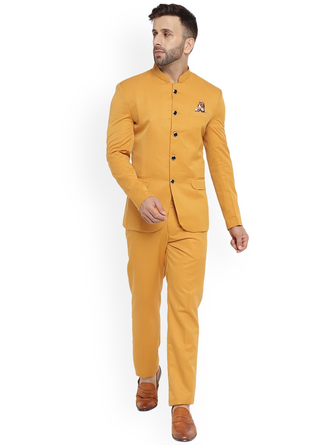 

REFULGENT Men Bandhgala Two-Piece Party Suit, Mustard
