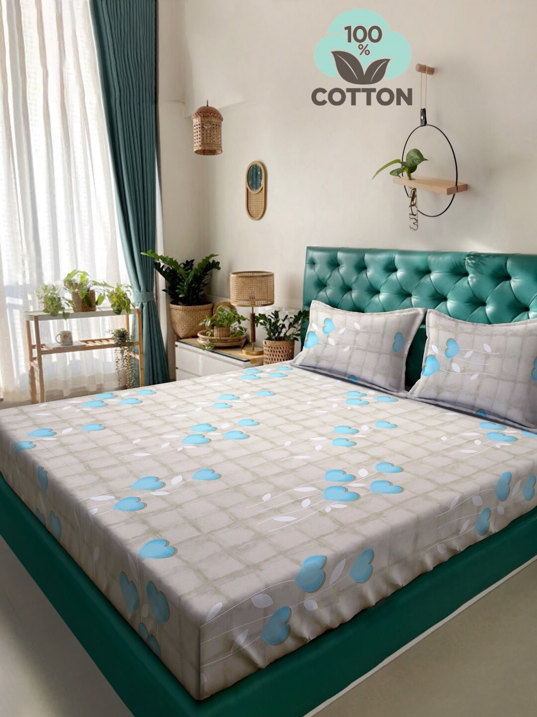 

KLOTTHE Turquoise Blue Printed 400TC Pure Cotton Double King Bedsheet & 2 Pillow Covers