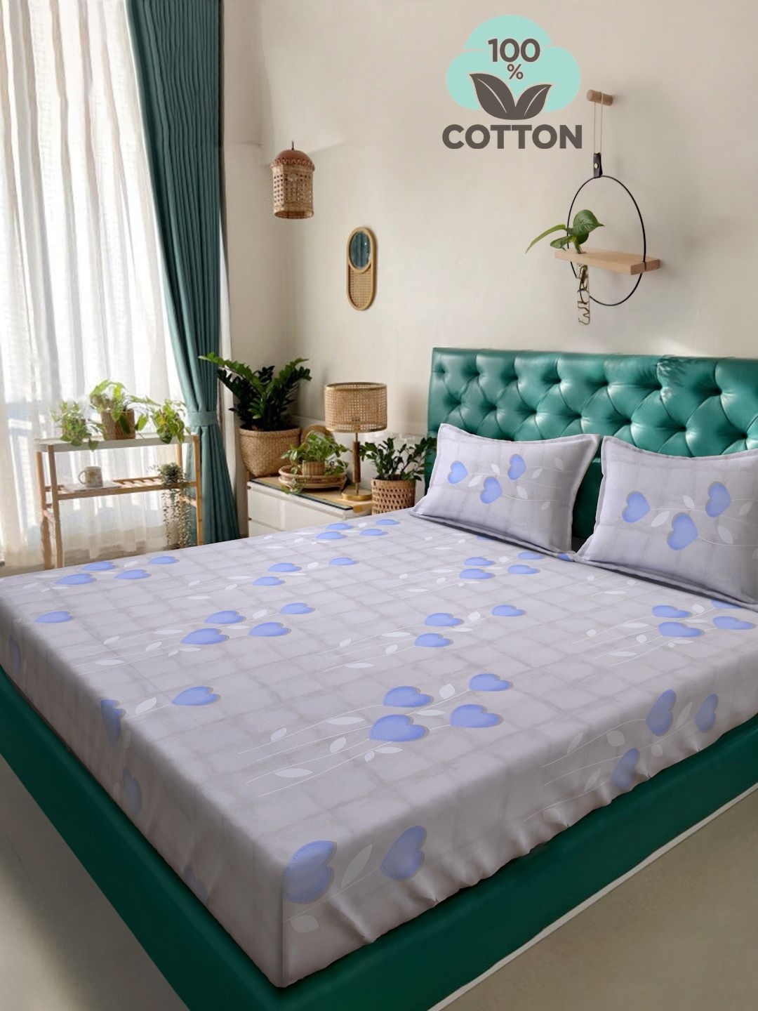 

KLOTTHE Grey Floral Printed 400TC Pure Cotton Double King Bedsheet & 2 Pillow Covers, Blue