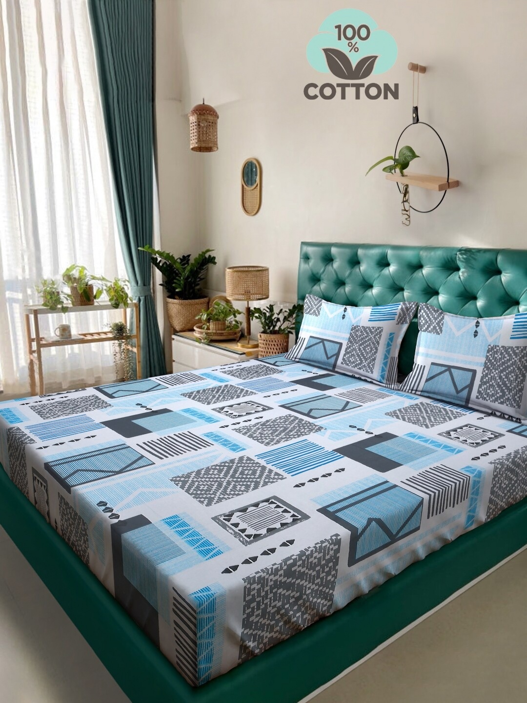 

KLOTTHE Blue Geometric Printed 400TC Pure Cotton Double King Bedsheet & 2 Pillow Covers