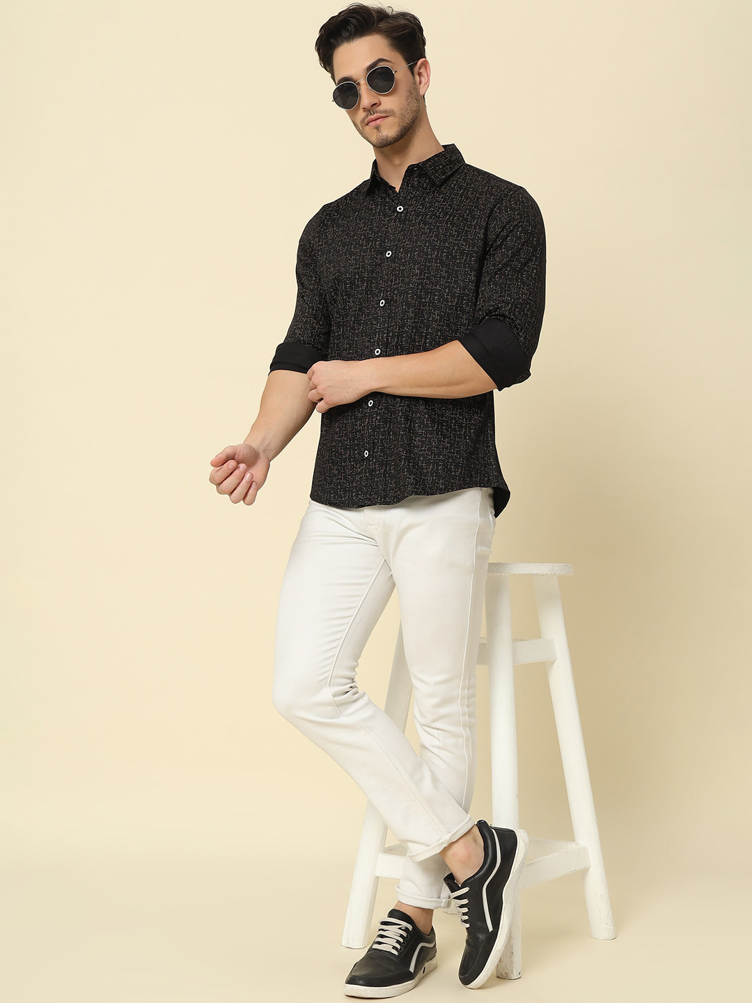 

PockMAN Men Classic Opaque Printed Semiformal Shirt, Black