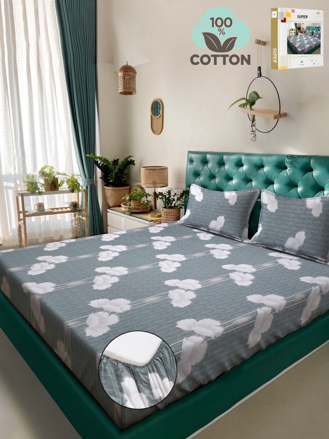 

KLOTTHE Book Fold Grey Floral Printed Pure Cotton Double King Bedsheet & Pillow Covers