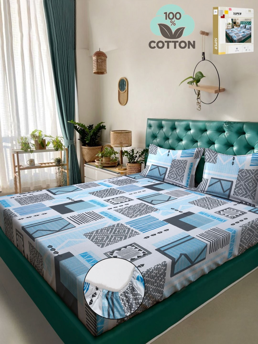 

KLOTTHE Book Fold Blue Geometric Printed Pure Cotton Double King Bedsheet & Pillow Covers