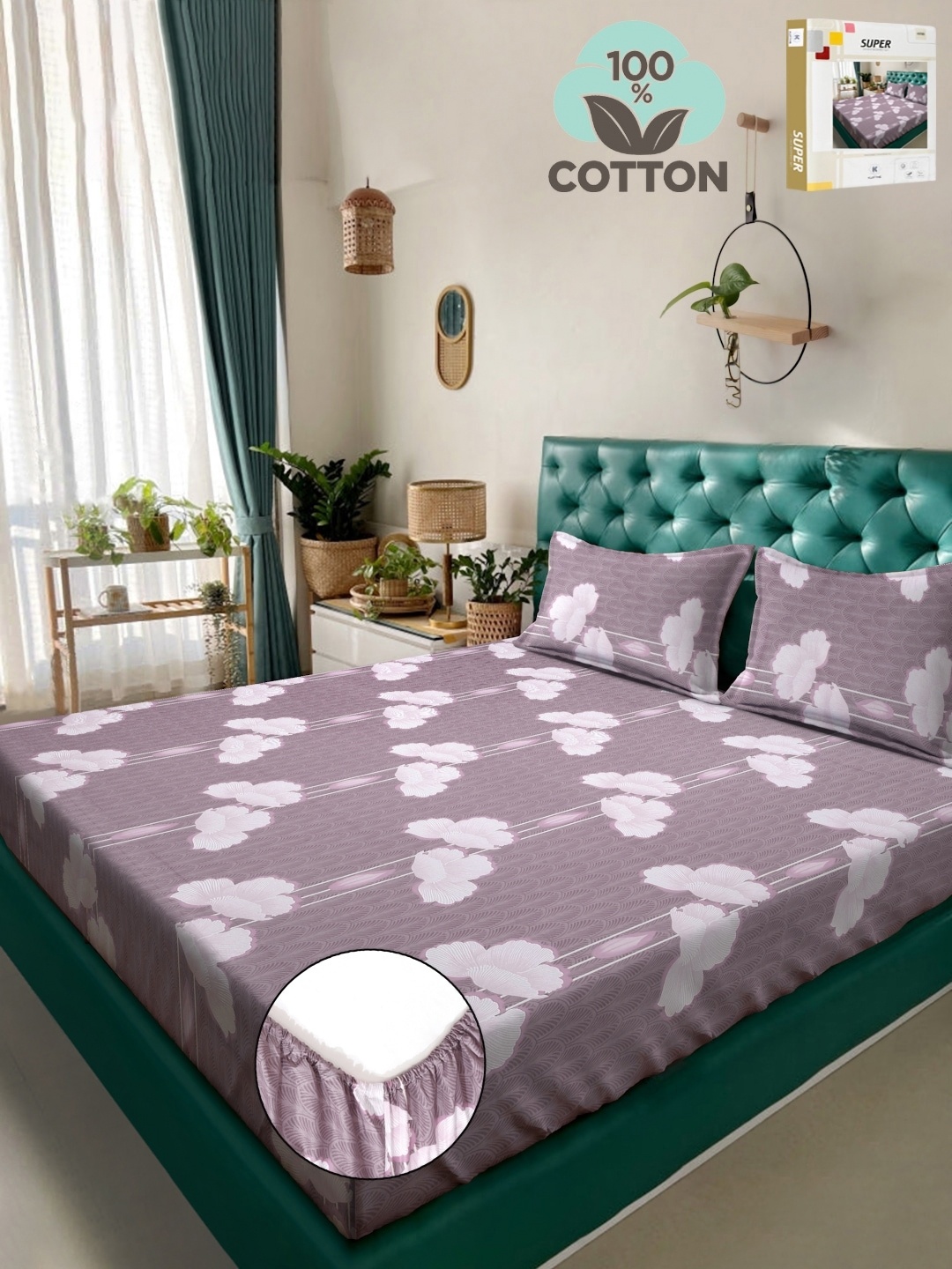 

KLOTTHE Purple Printed Pure Cotton Fitted 400 TC Double King Bedsheet & 2 Pillow Covers