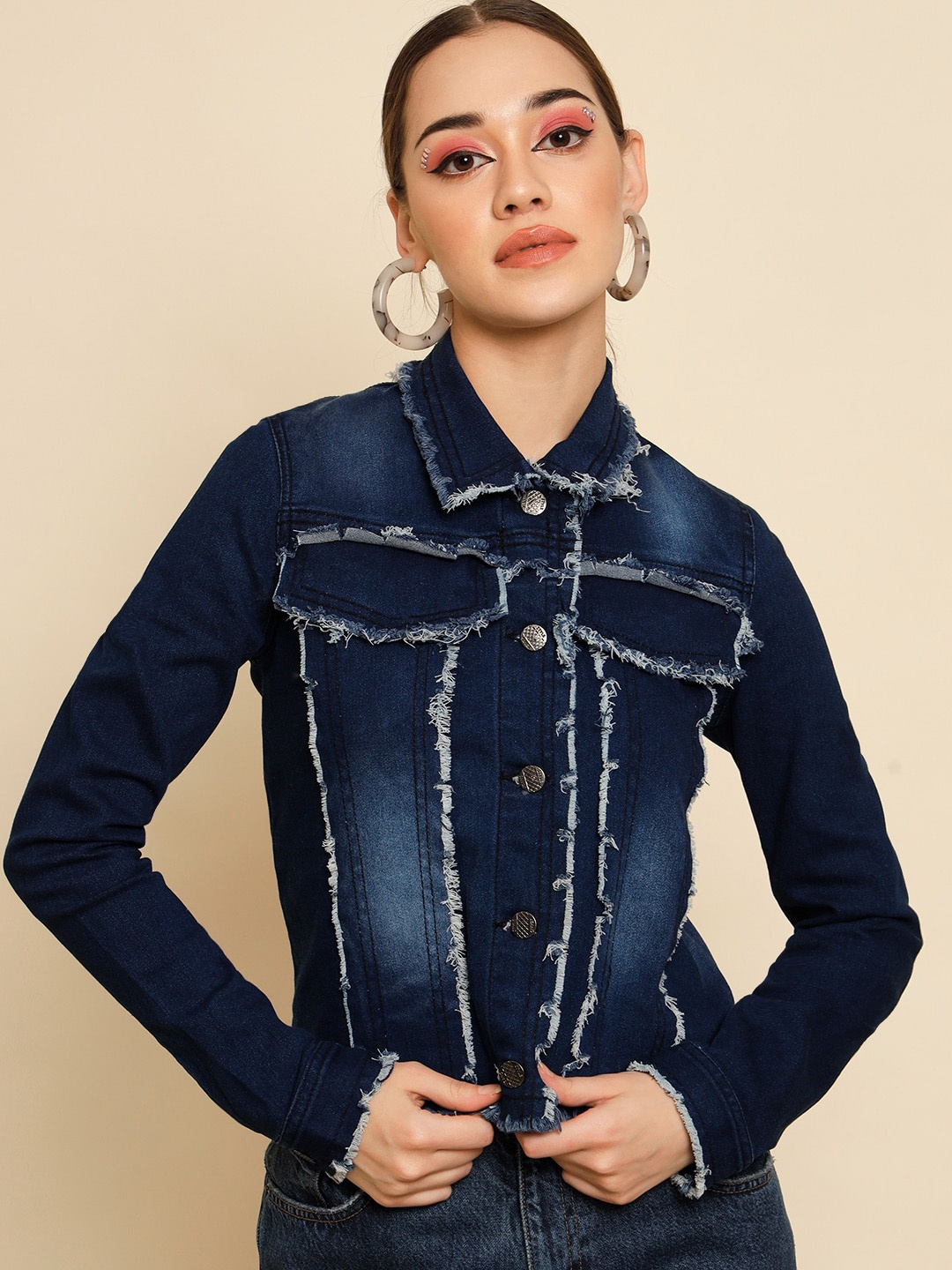 

TANDUL Women Washed Lightweight Denim Jacket, Navy blue