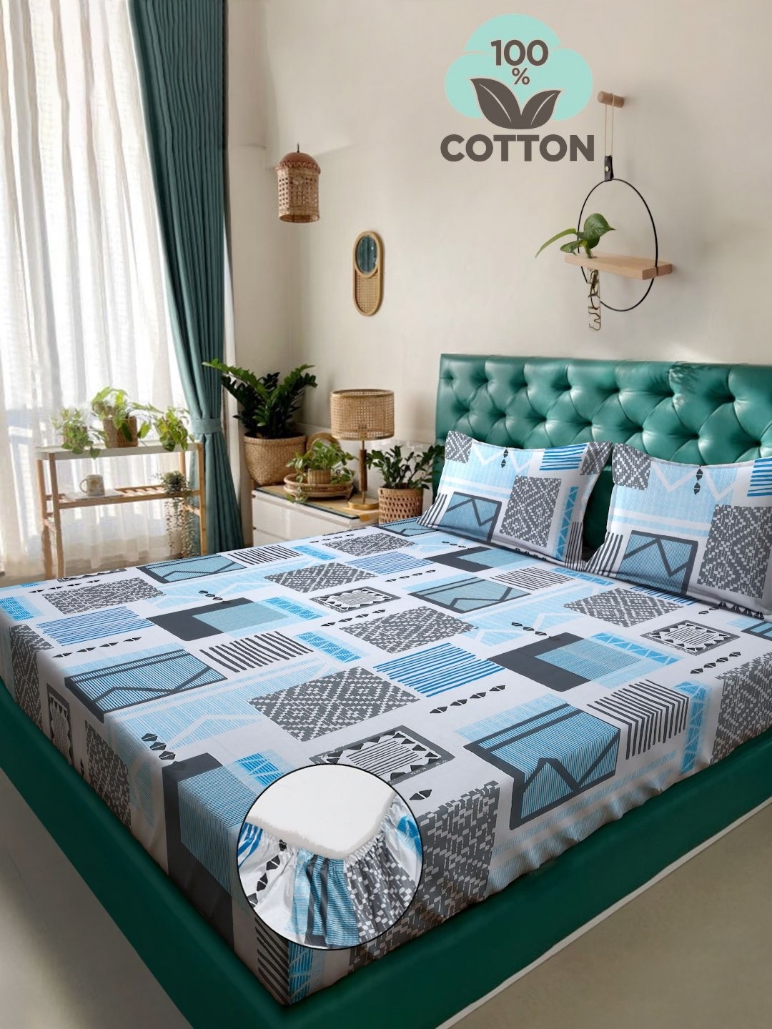 

KLOTTHE Blue Geometric Printed Pure Cotton Fitted Double King Bedsheet & Pillow Covers