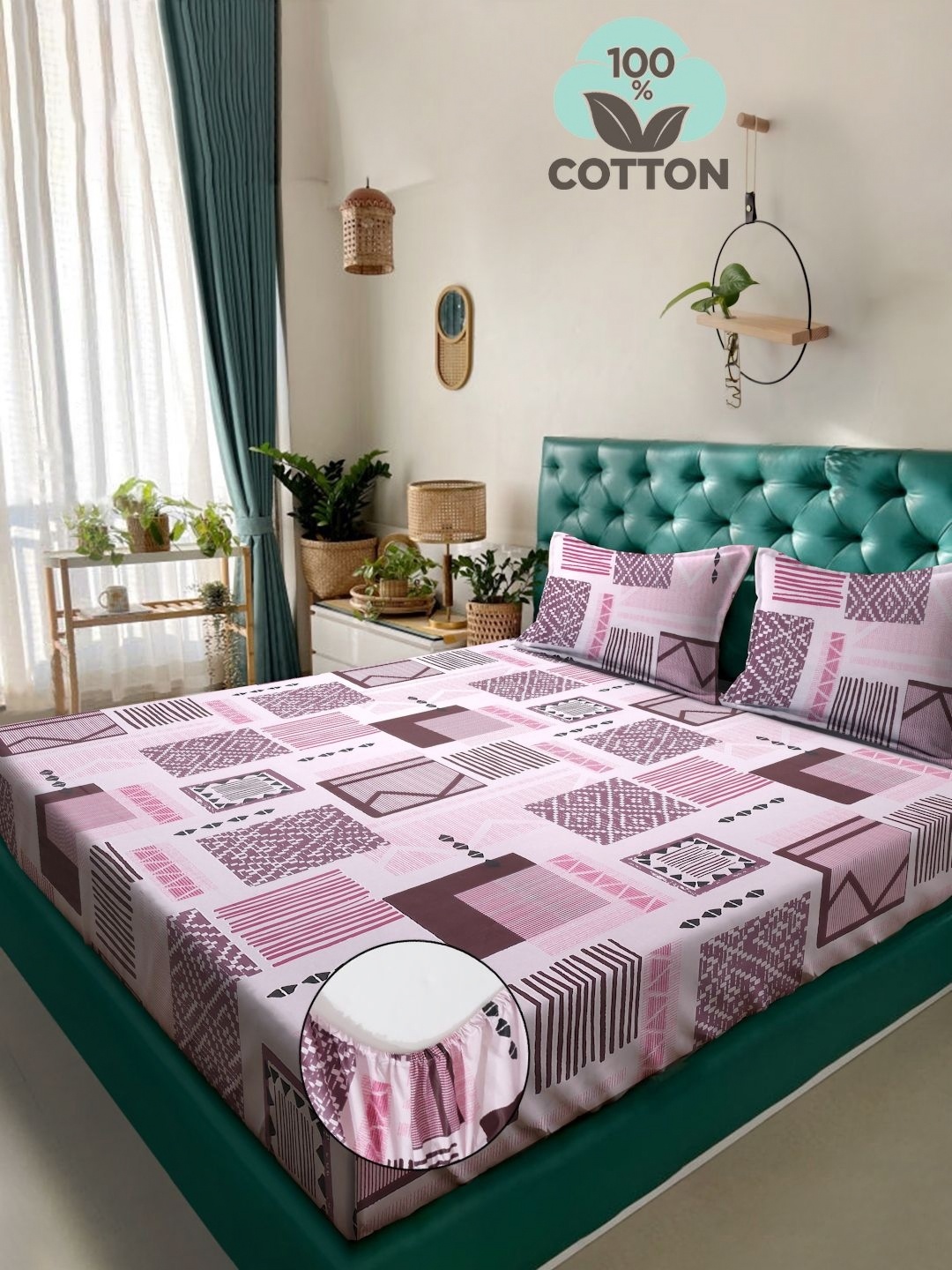 

KLOTTHE Purple Printed 400 TC Pure Cotton Double King Fitted Bedsheet With 2 Pillow Covers