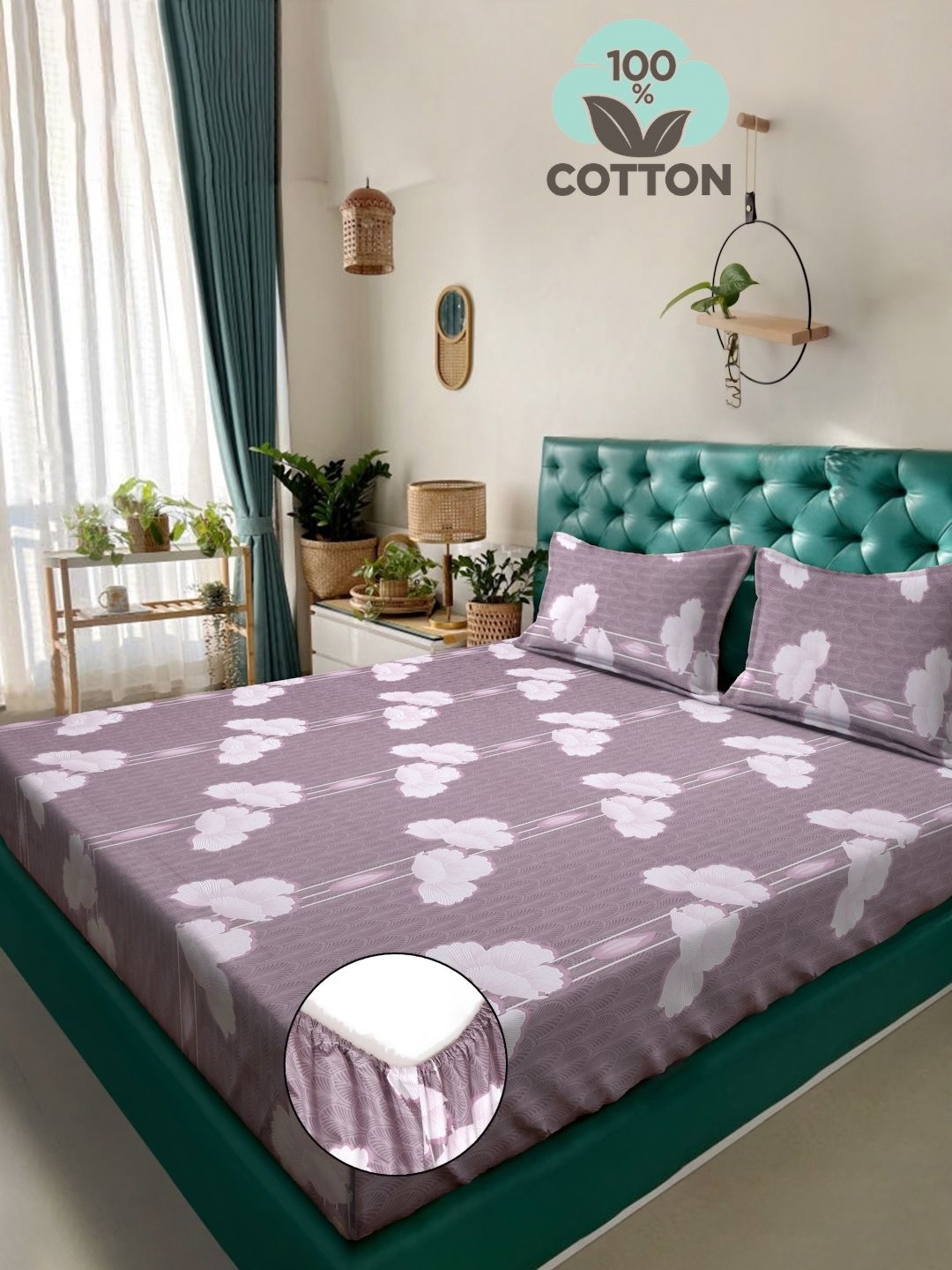 

KLOTTHE Purple Floral Printed Pure Cotton Fitted Double King Bedsheet & Pillow Covers