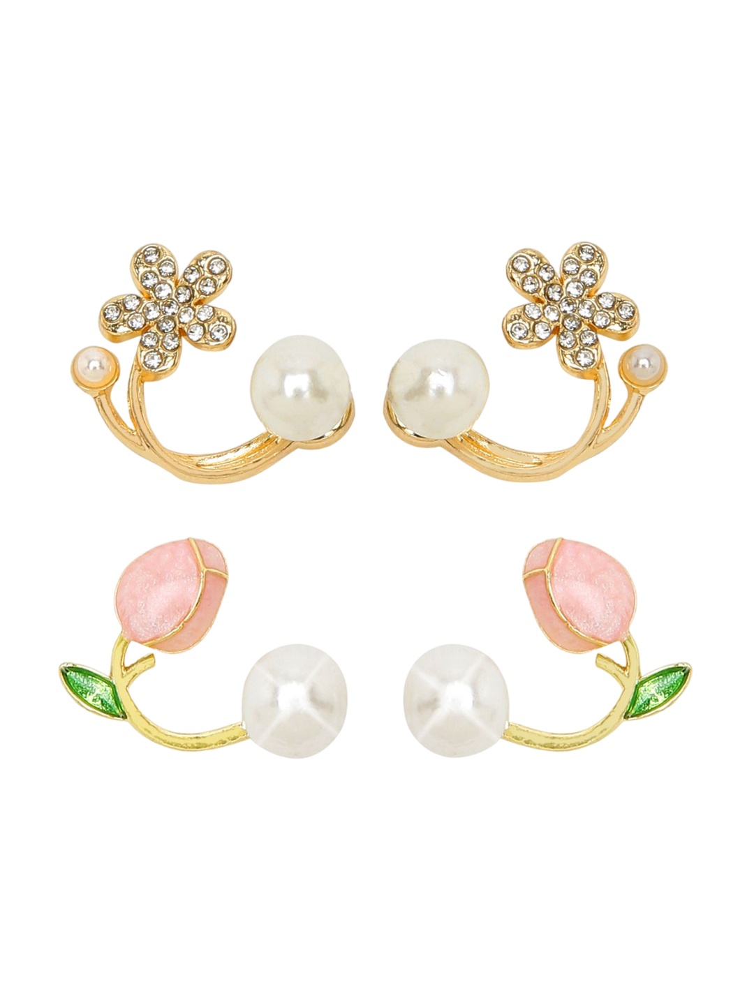 

DressBerry Women Set of 2 Artificial Stones and Beads Studs Earrings, Gold
