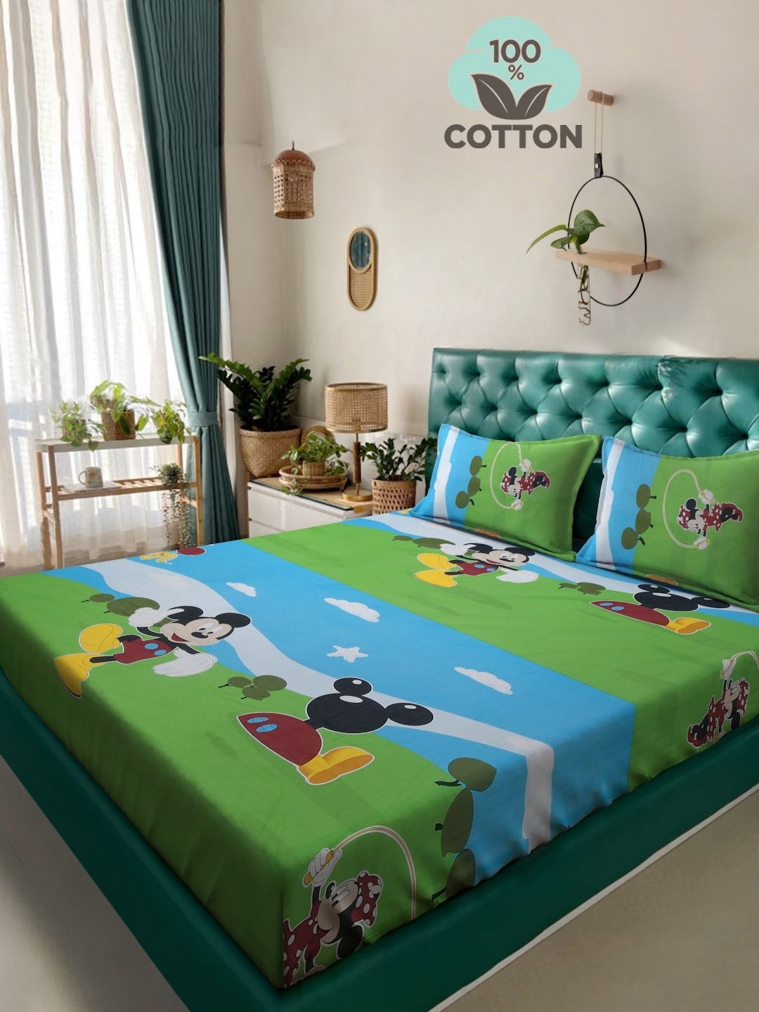 

KLOTTHE Green Printed 400 TC Pure Cotton Double King Bedsheet & 2 Pillow Covers