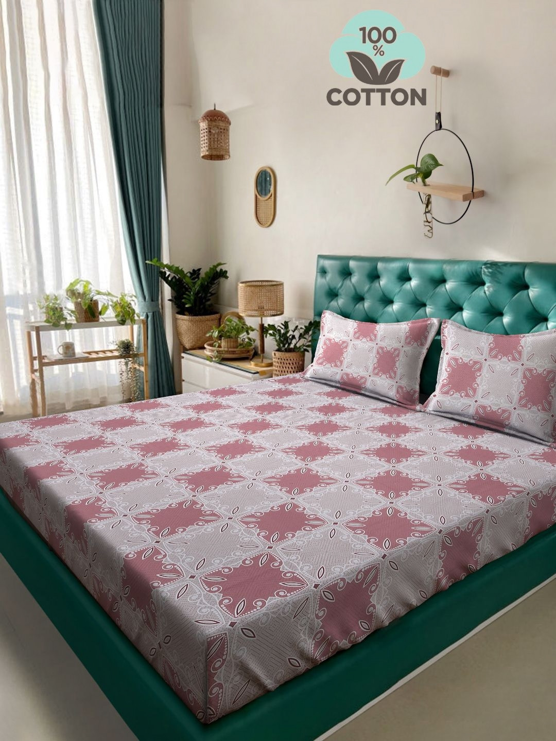 

KLOTTHE Pink Floral Printed 400 TC Pure Cotton Double King Bedsheet & 2 Pillow Covers
