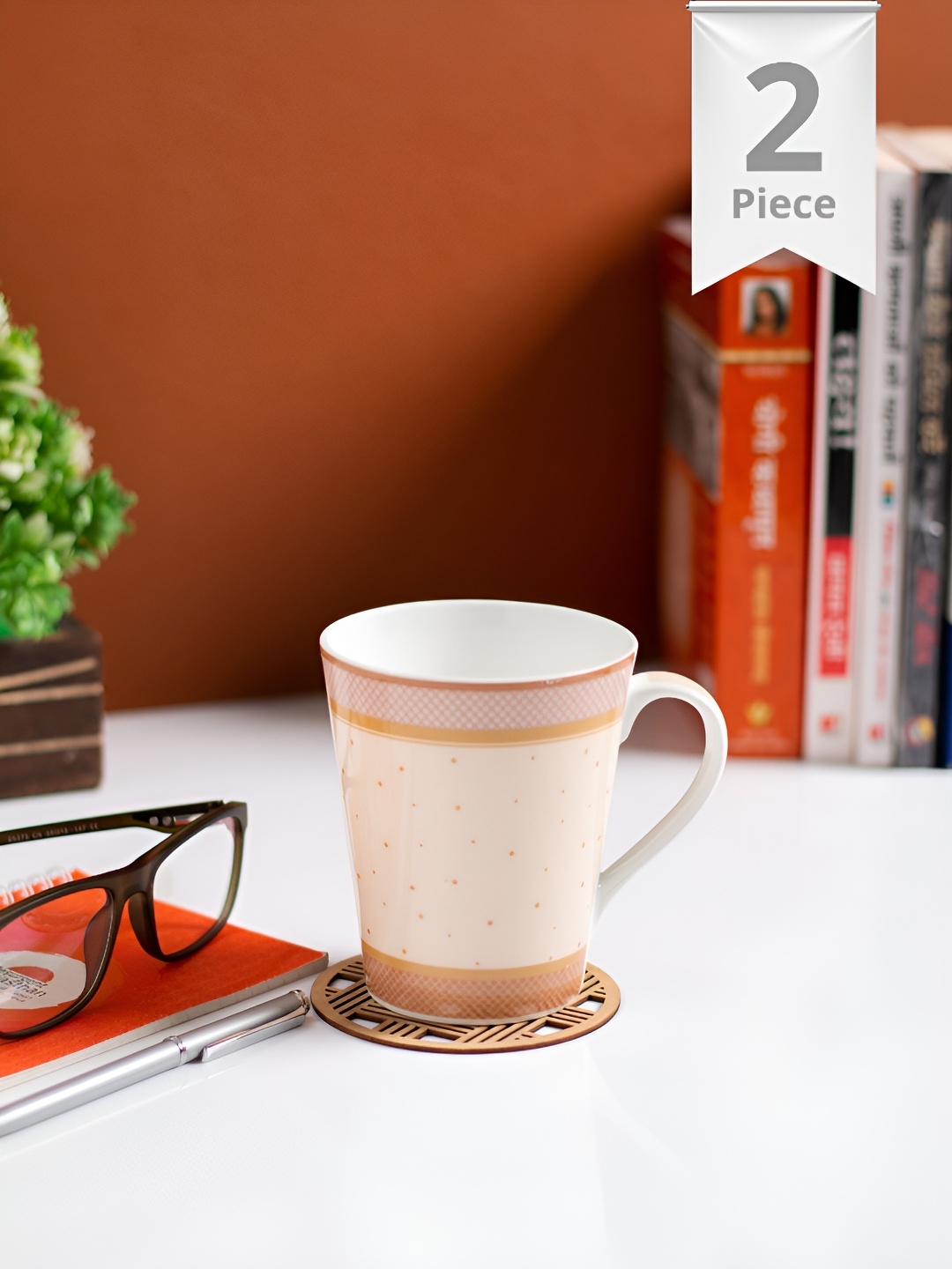 

JCPL Fine Set Of 2 Ceramic Peach-Coloured & Pink Printed Glossy Cups And Mugs