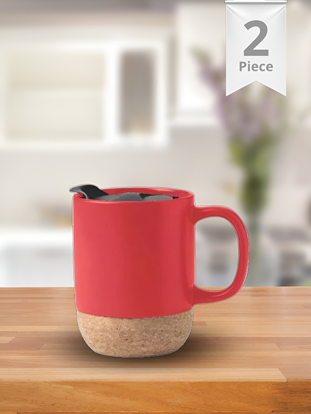 

JCPL Fine Ceramic Red 2 Pieces Insulated Cork Base Glossy Mugs With Splash Proof