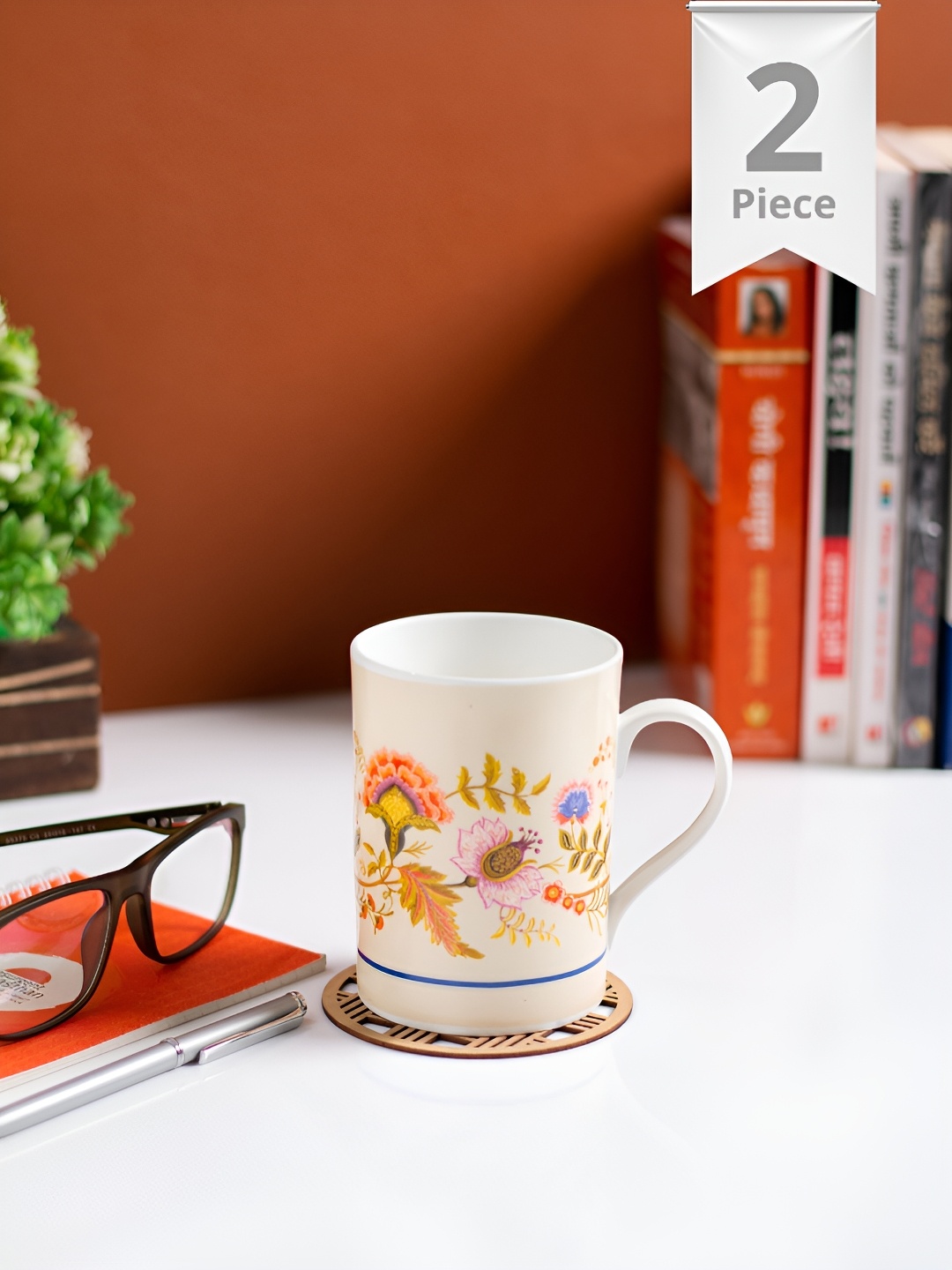 

JCPL Fine Ceramic White & Orange 2 Pieces Printed Glossy Mugs Set Of Cups And Mugs