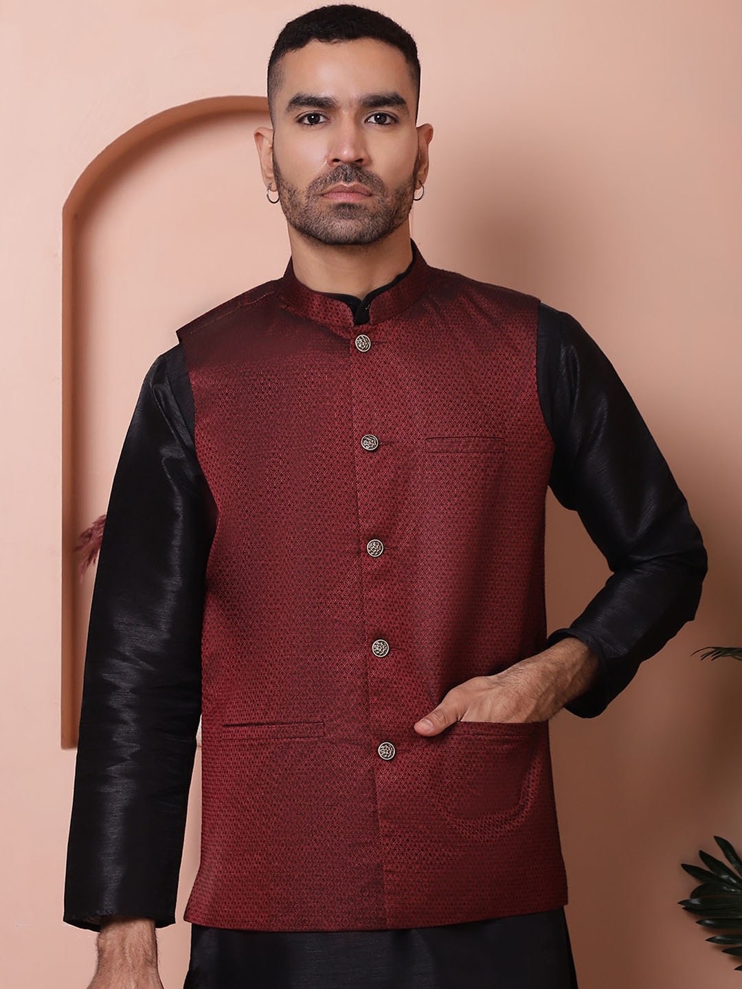 

Jompers Men Woven Design Nehru Jackets, Maroon
