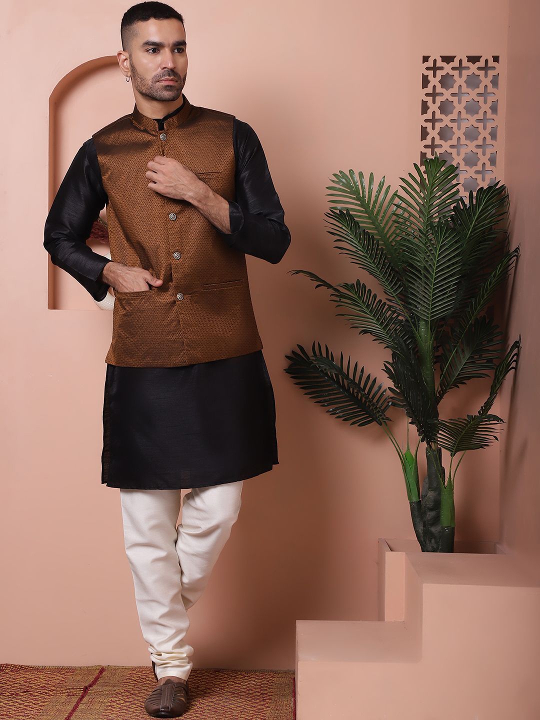 

Jompers Men Regular Kurta with Churidar & Nehru Jacket, Gold