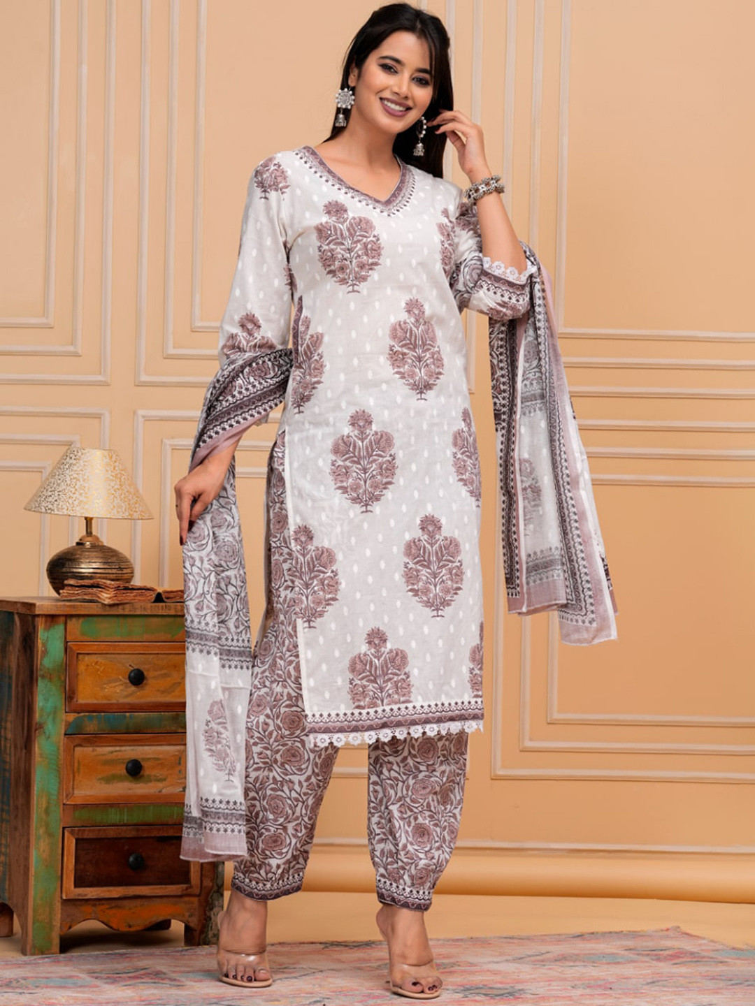 

Aimca Women Floral Printed Regular Pure Cotton Kurta with Salwar & With Dupatta, White