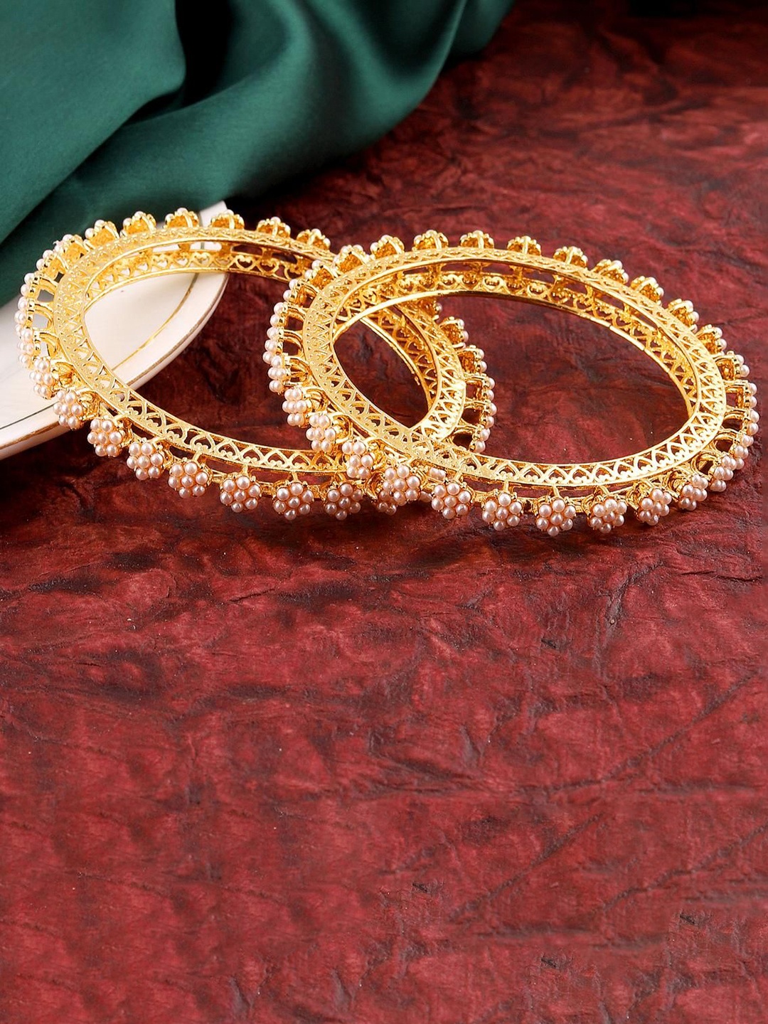 

MANSIYAORANGE Set Of 2 Gold Plated Artificial Pearl Stone Studded Bangles