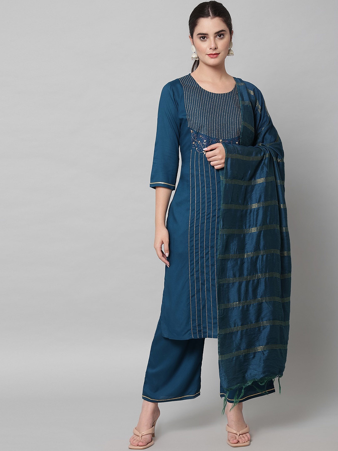 

ANGITA Women Embroidered Thread Work Kurta With Trousers & Dupatta, Blue