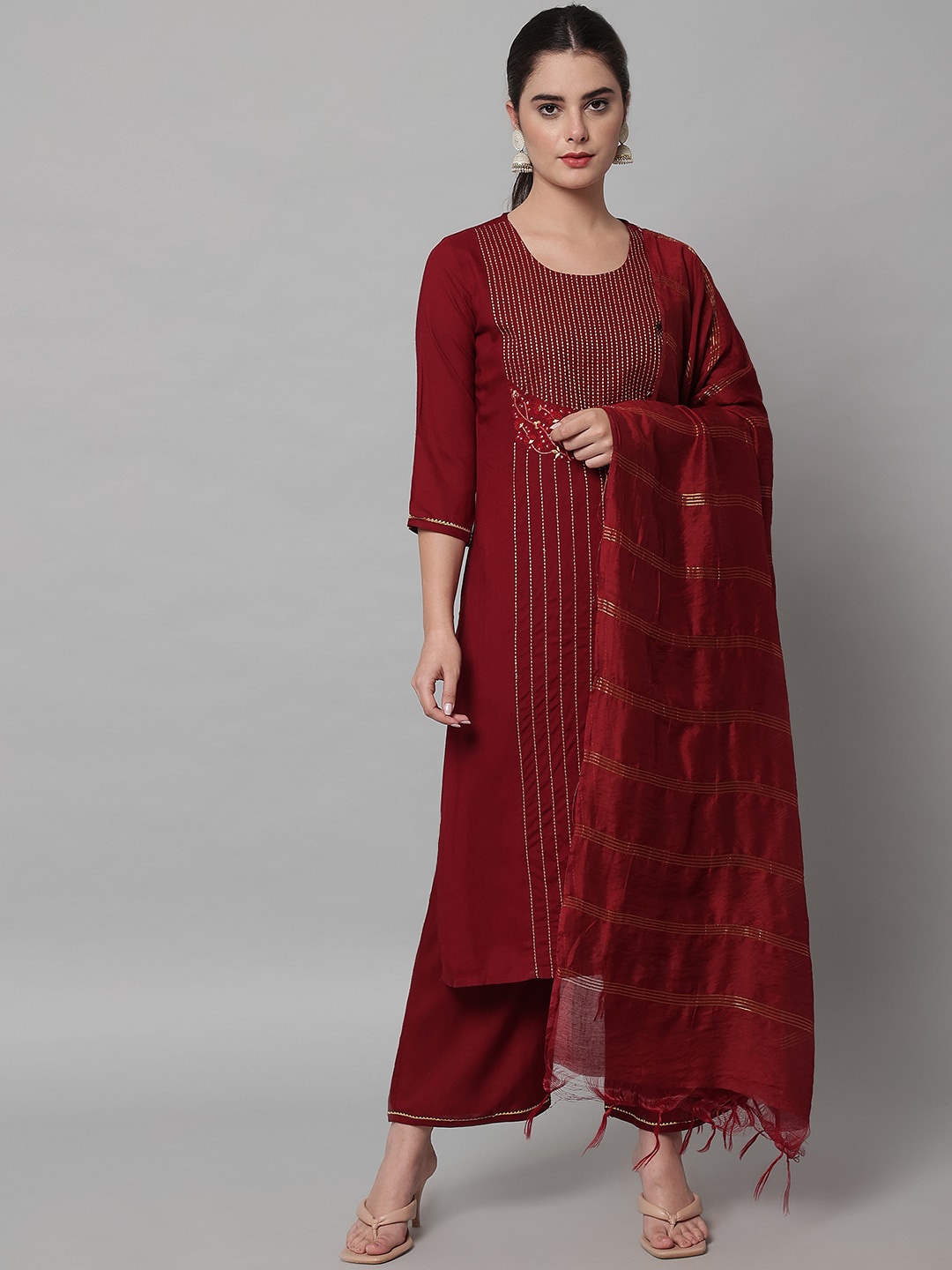 

ANGITA Women Embroidered Thread Work Kurta With Trousers & Dupatta, Maroon