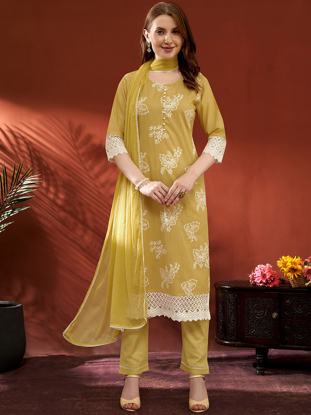 

Anouk Women Floral Embroidered Regular Pure Cotton Kurta with Trousers & Dupatta, Yellow