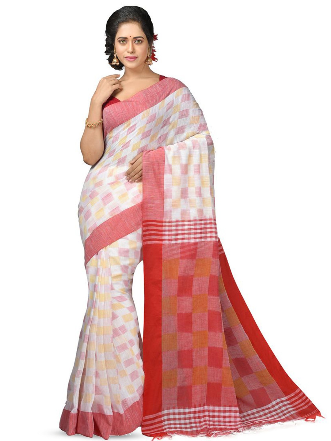 

Crochetin Checked Pure Cotton Saree, White