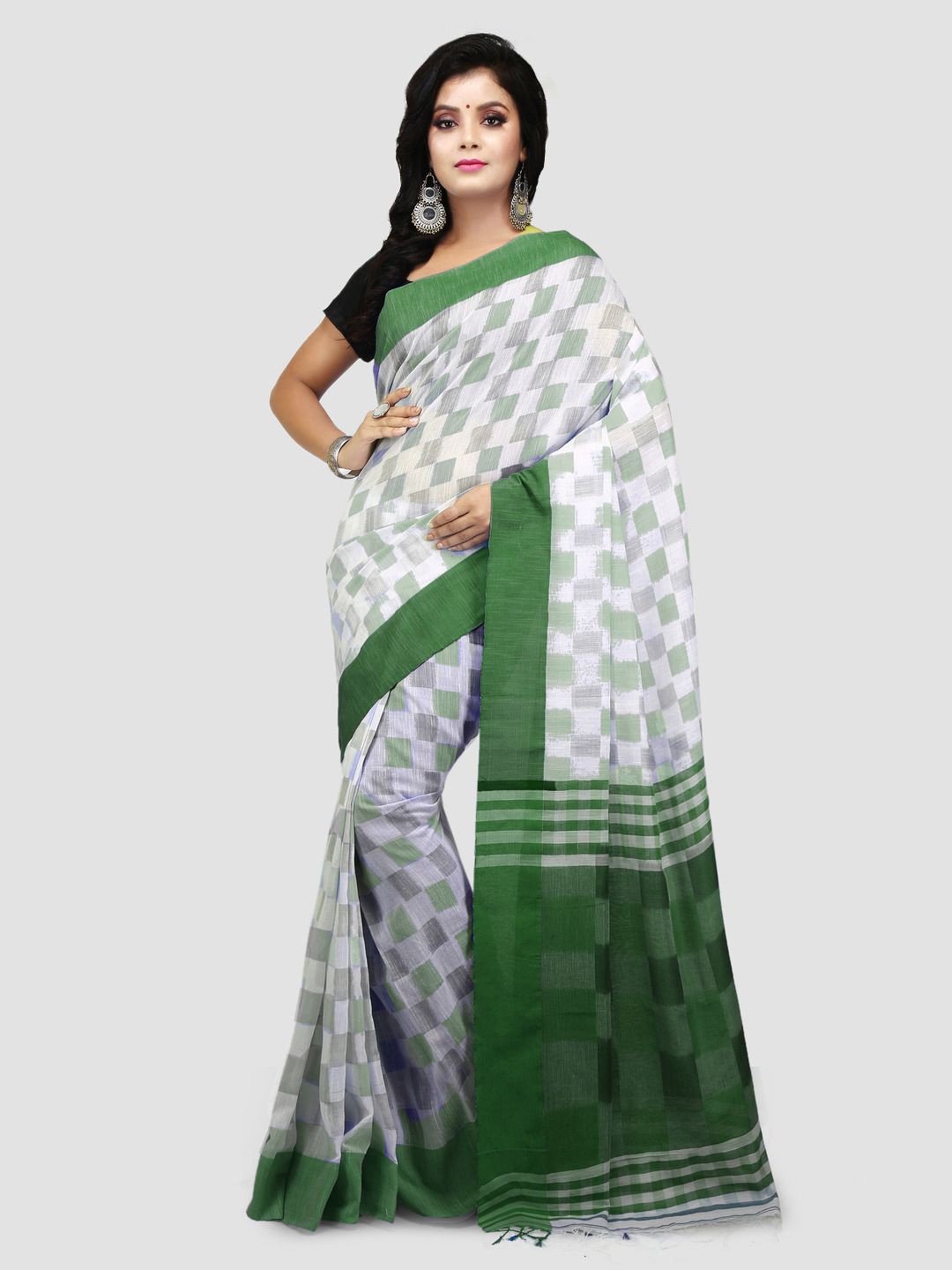 

Crochetin Checked Pure Cotton Saree, White