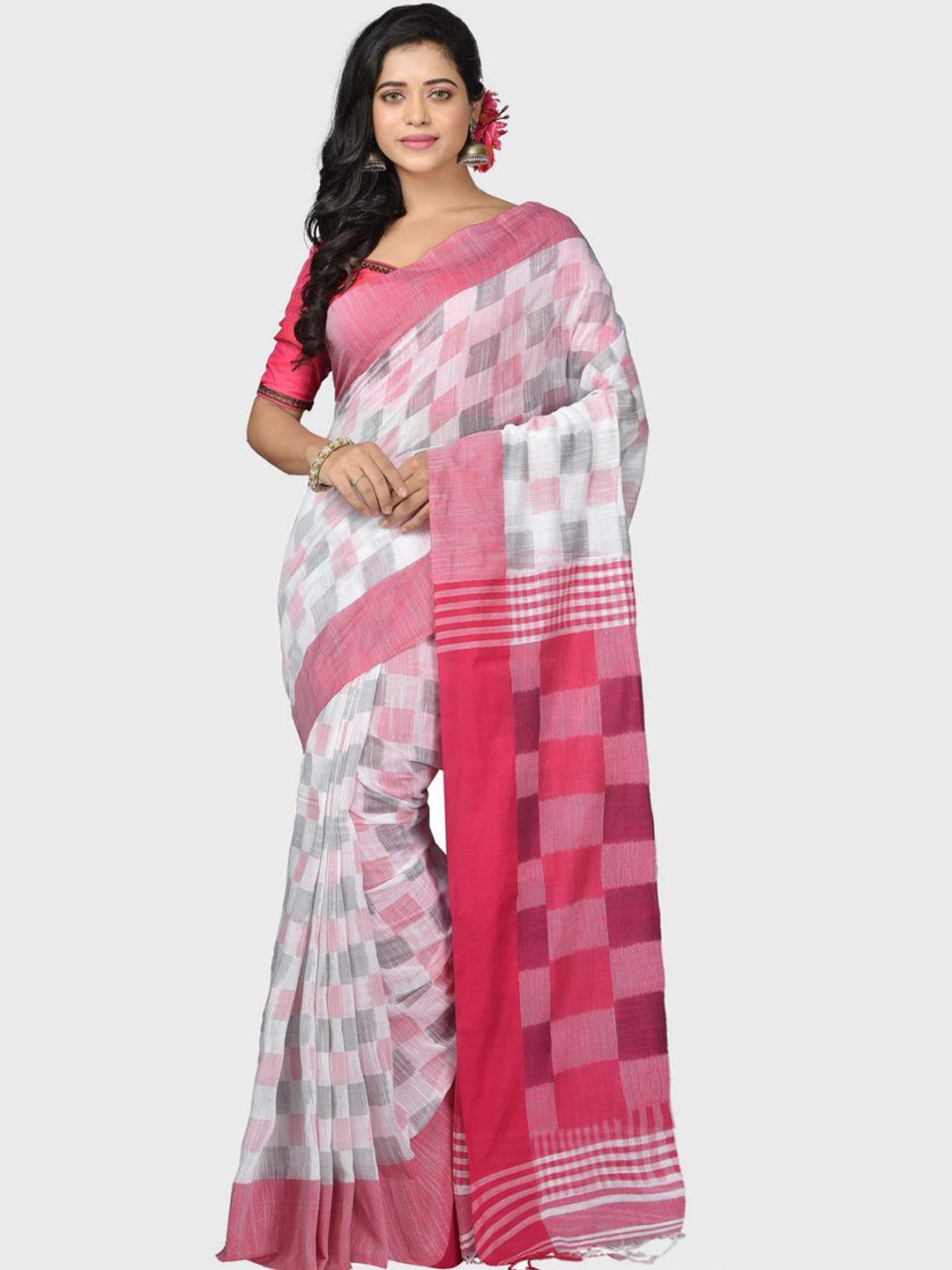 

Crochetin Checked Pure Cotton Saree, White