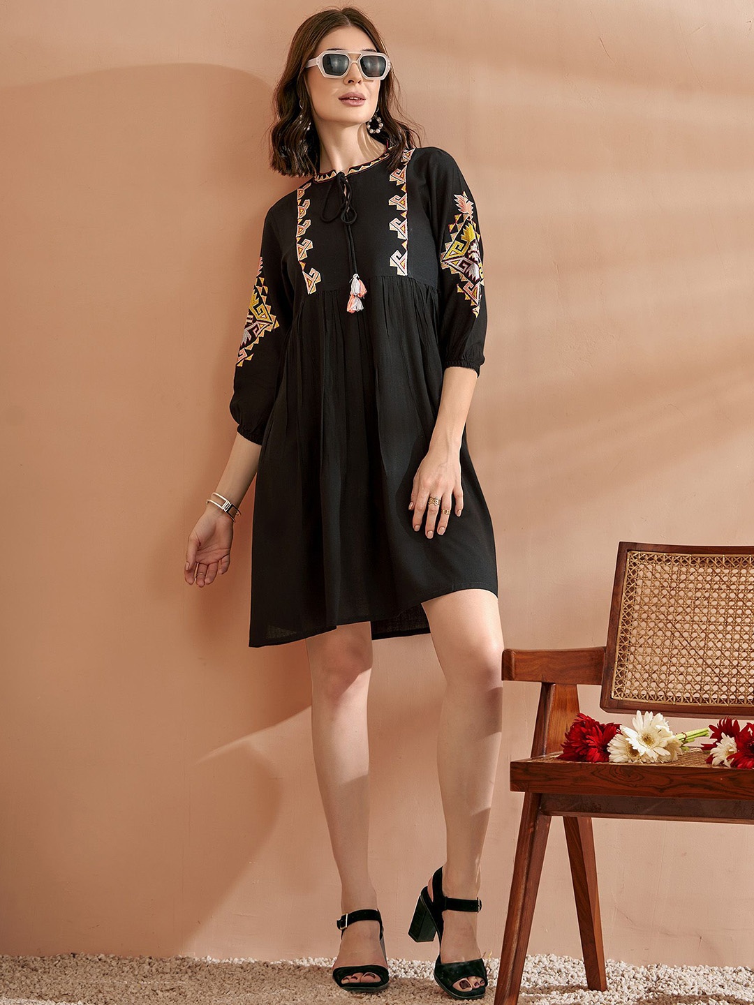 

Anouk Women Embroidered Fit & Flared Above Knee Gathered or Pleated Ethnic Dresses, Black