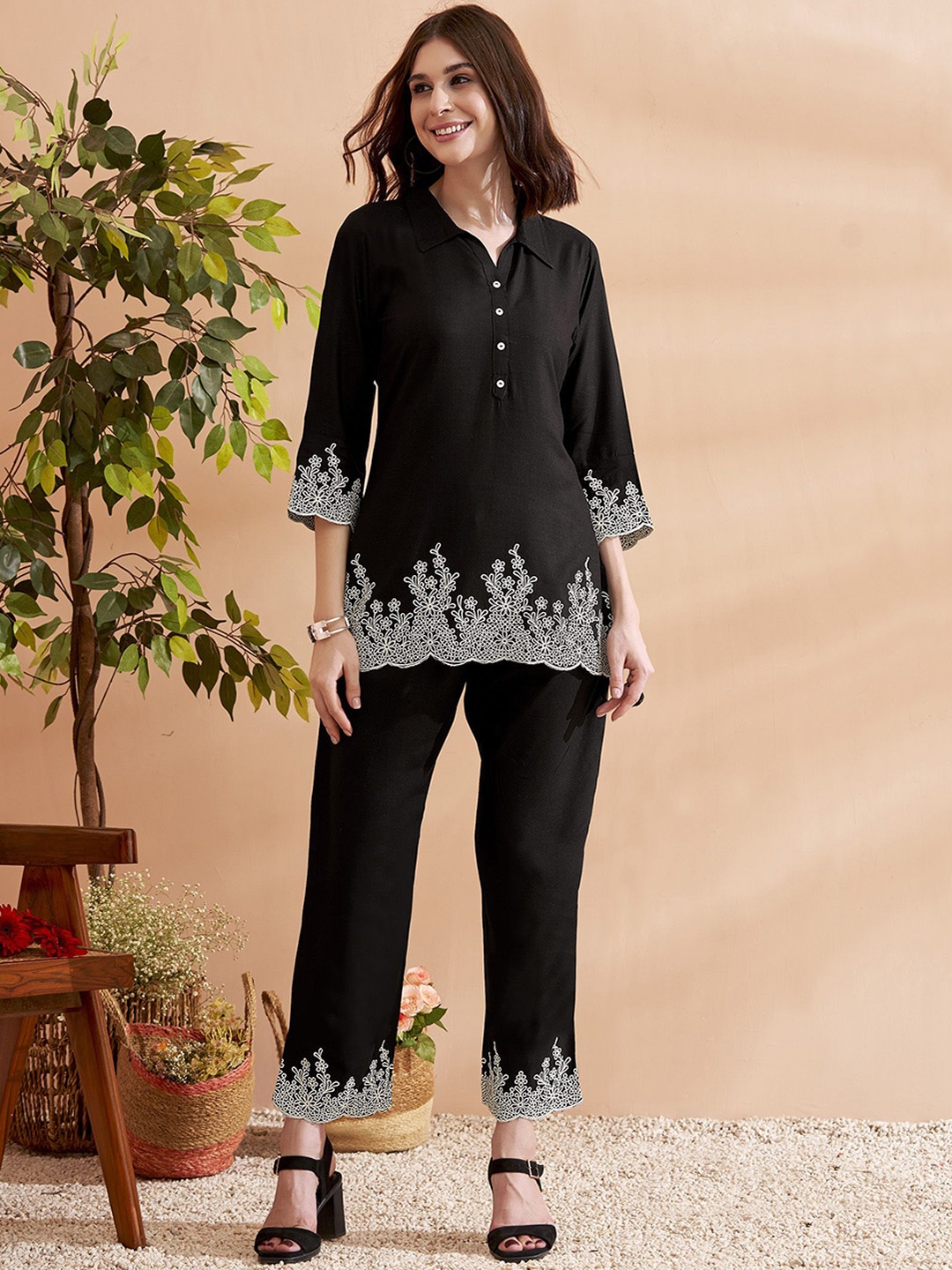 

Anouk Embroidered Tunic With Trousers Co-Ords, Black