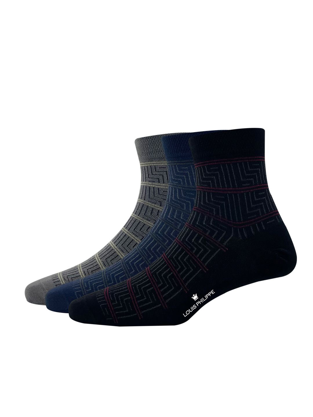 

Louis Philippe Men Pack Of 3 Striped Above Ankle Length Socks, Grey